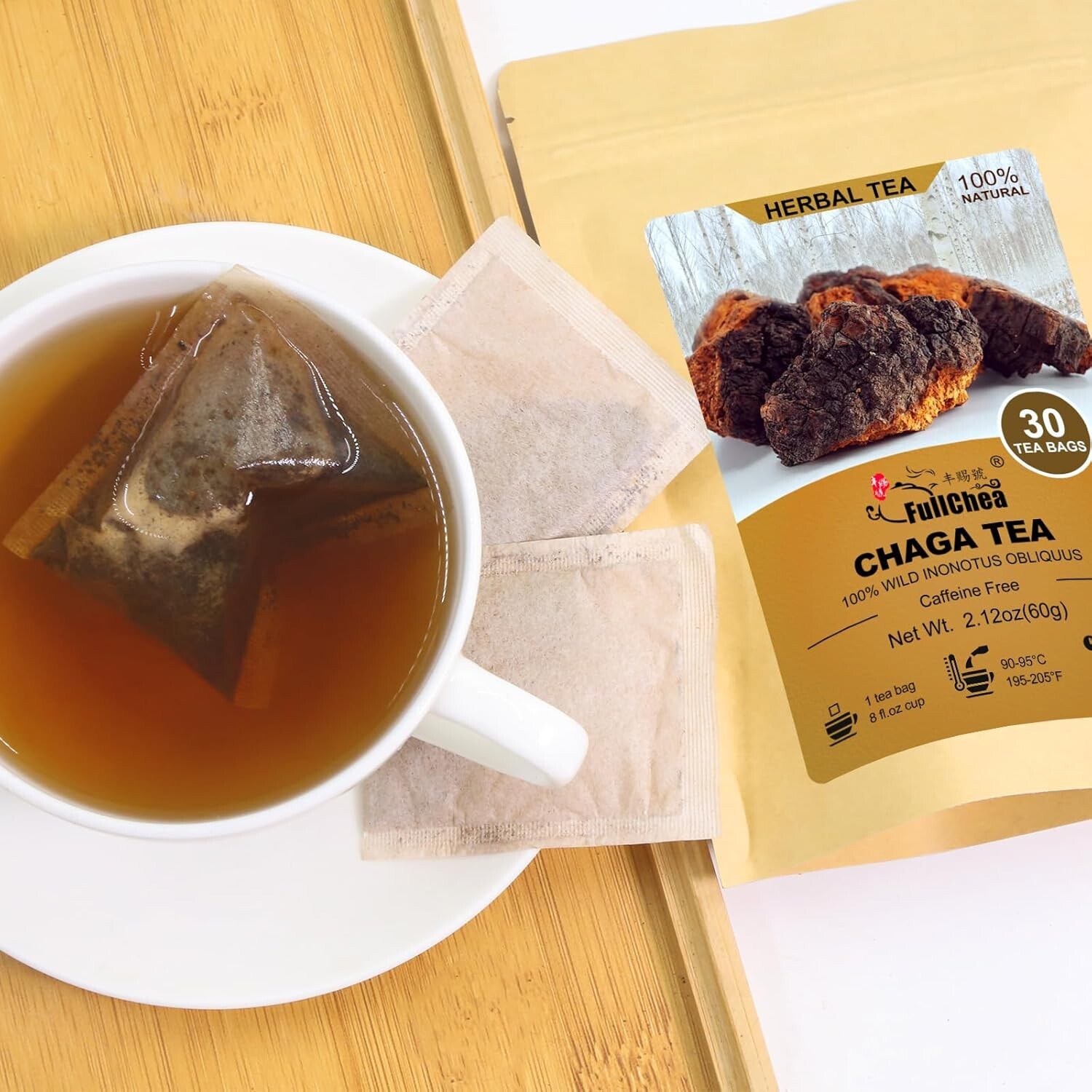 30 Bags of Caffeine-Free Chaga Tea – Support Immunity & Digestion Naturally