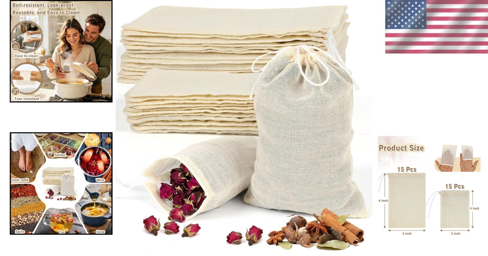 Reusable Cotton Tea Bags 30pcs Mesh Drawstring Filter Bags for Cooking Herbs