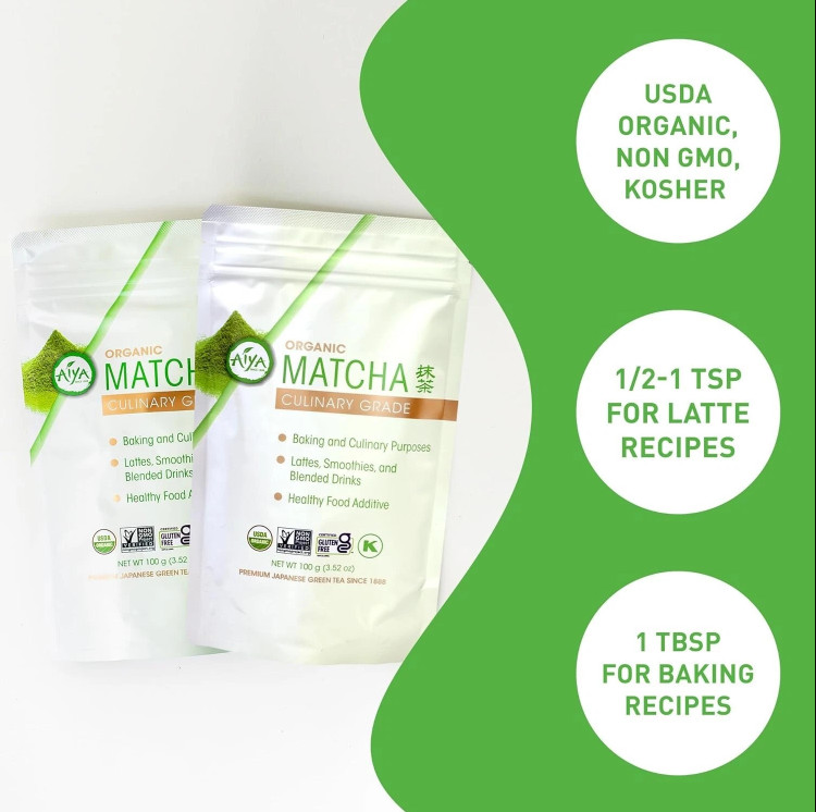 Aiya Certified Organic Culinary Grade Matcha Green Tea Powder, 100 g, LOT OF 2