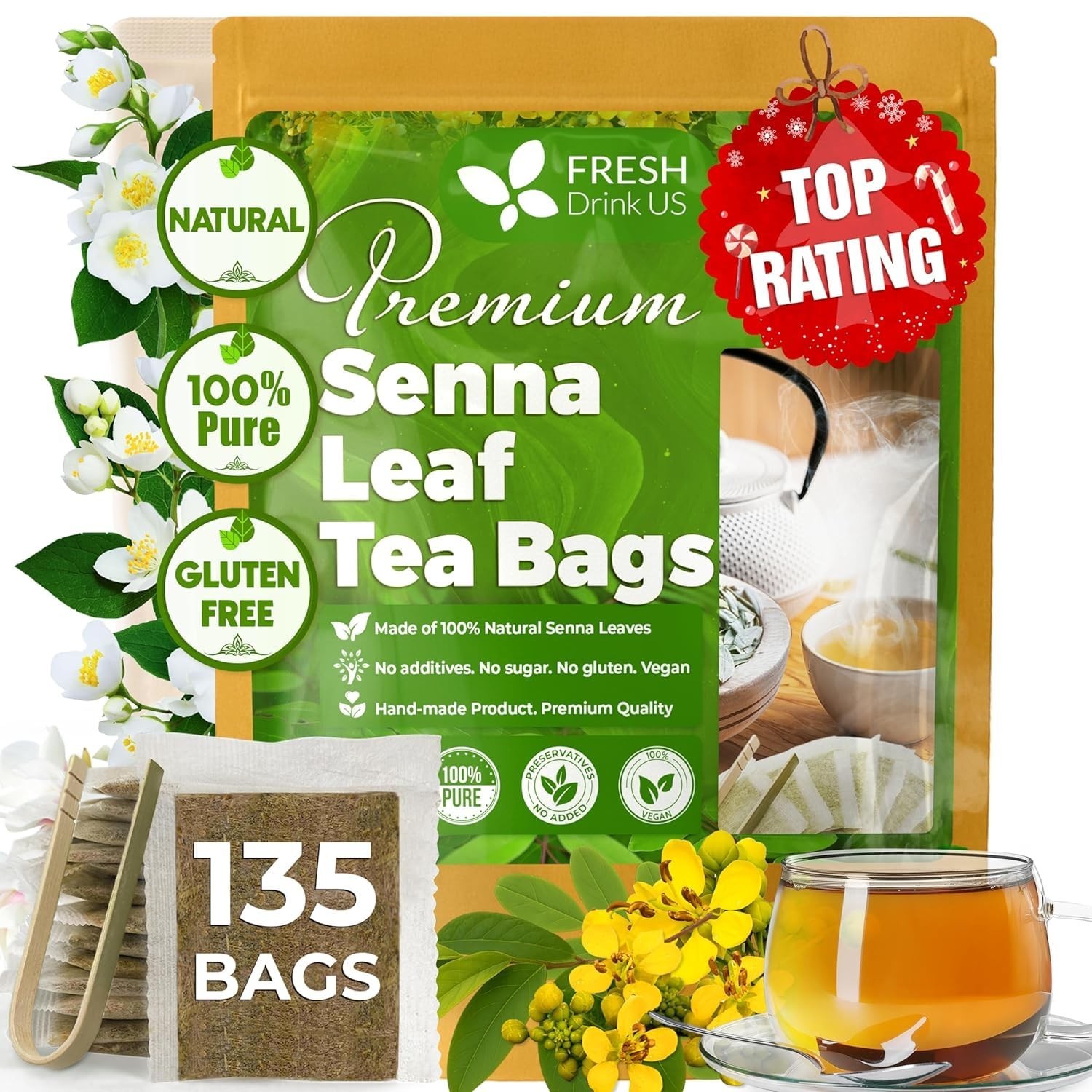 , Premium 135 Senna Leaf Tea Bags, 100% Natural & Pure from Senna Leaves. Loose