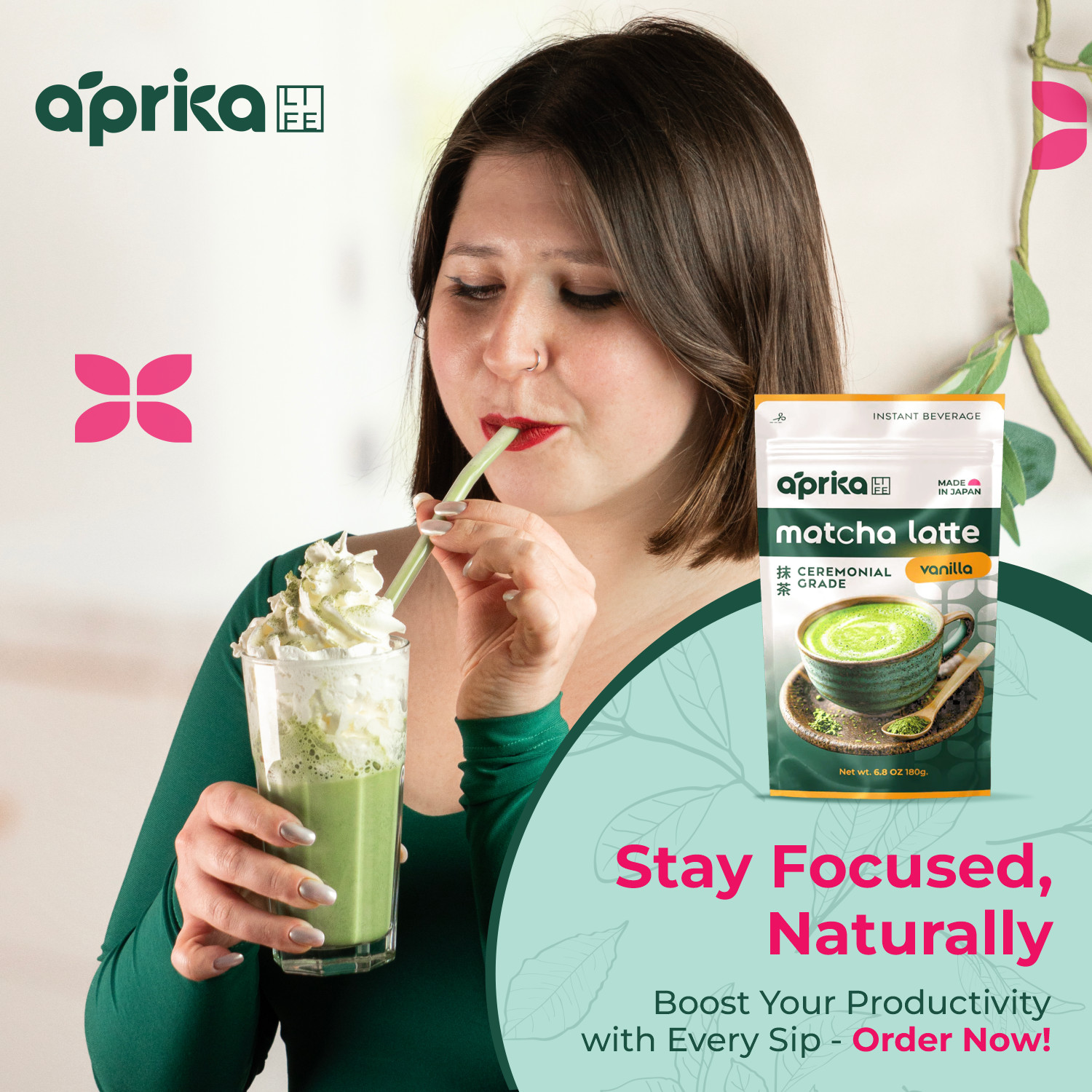 AprikaLife Matcha Latte Mix with Vanilla, Ceremonial, 6.8 oz