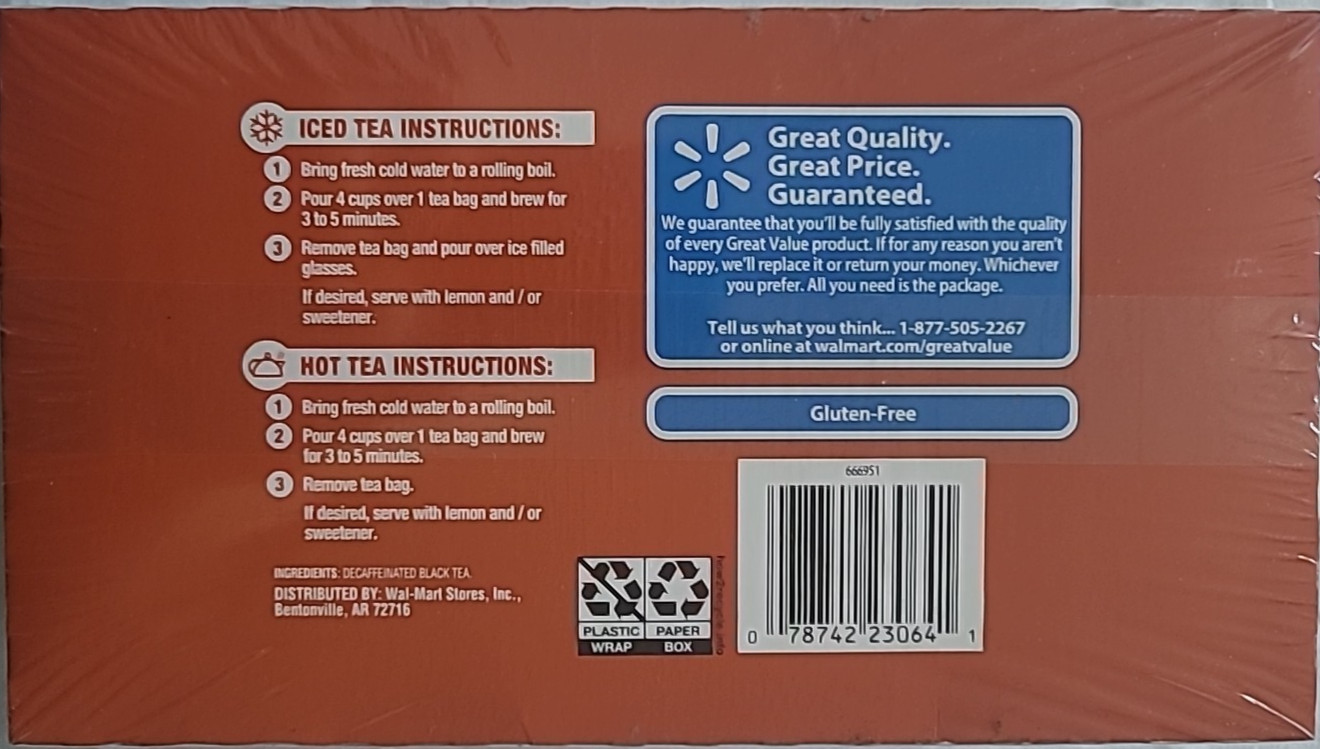 Great Value Decaffeinated Iced Tea, Tea Bags, 48 Ct,New