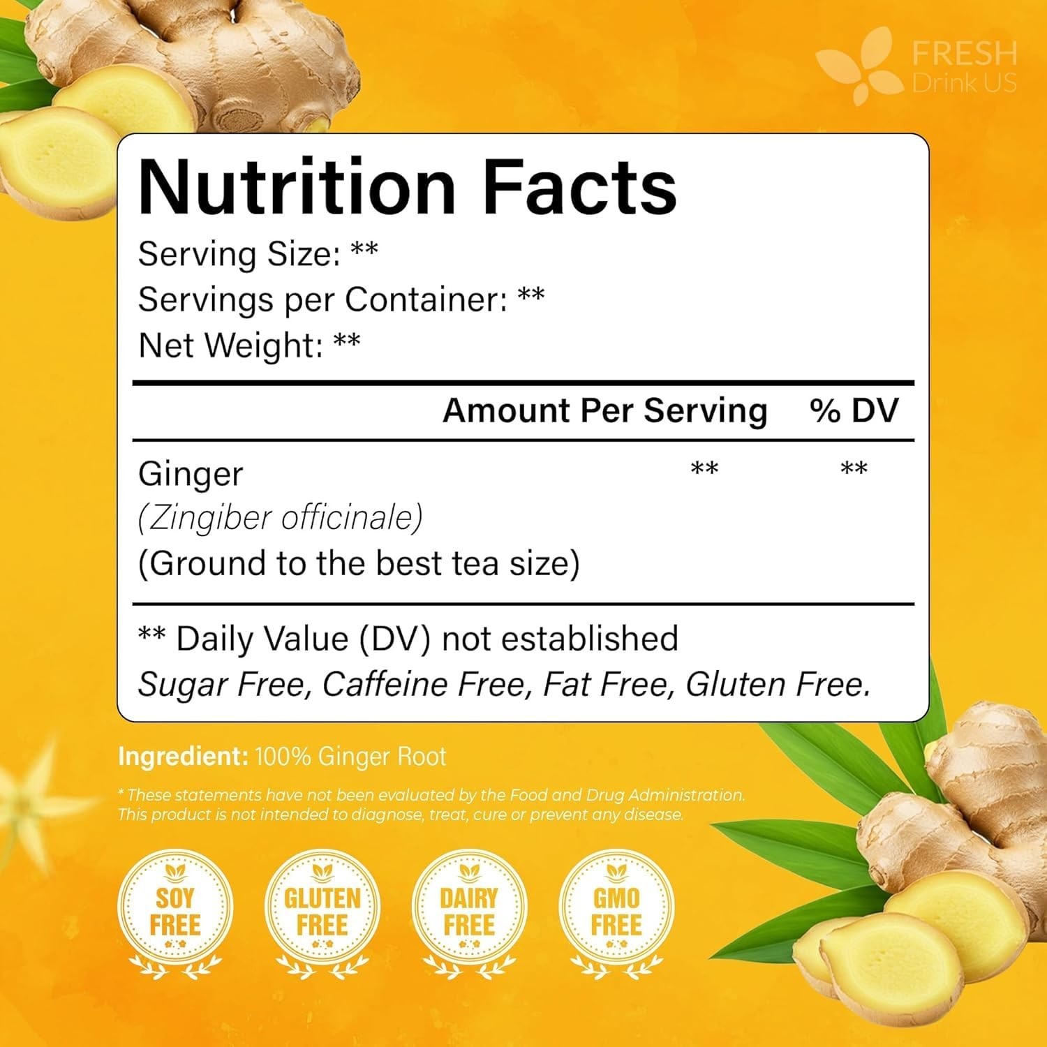 FreshDrinkUS, 150 Premium Ginger Tea Bags, Non GMO, 100% Natural Free Shipping