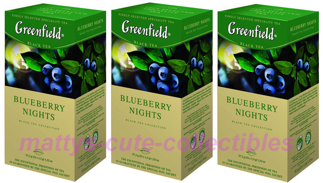 Greenfield Black Tea Blueberry Nights 3 PACK= 75 Tea Bags Made Russia RF NO GMO