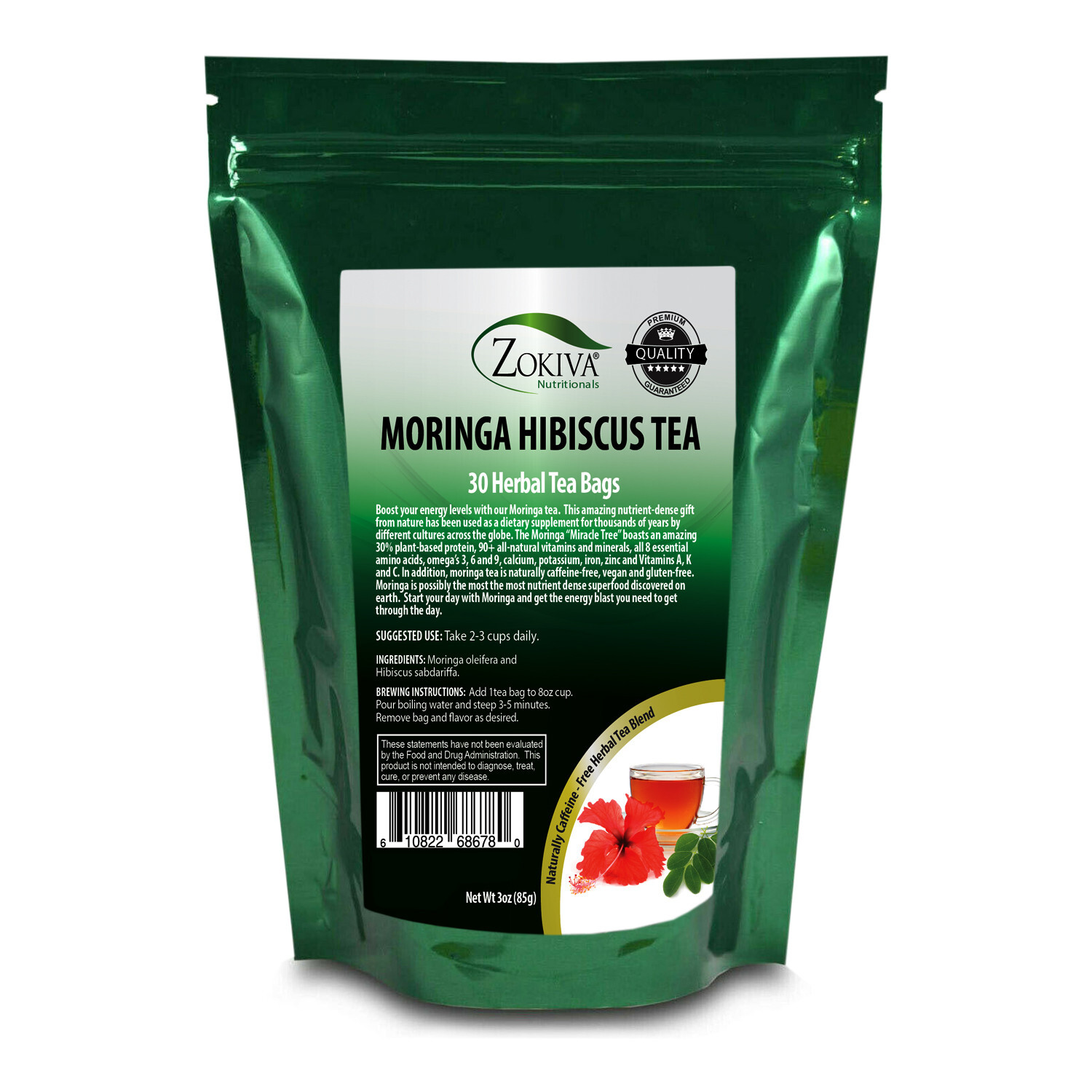 Moringa Hibiscus Tea Bags (30) All-Natural – Caffeine-Free, Premium Herbal Tea