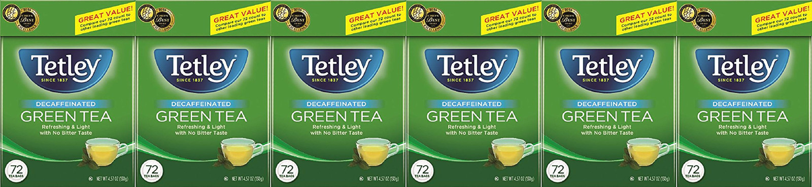Lot of 6 Tetley Natural Decaffeinated Tea, 72 Count Each