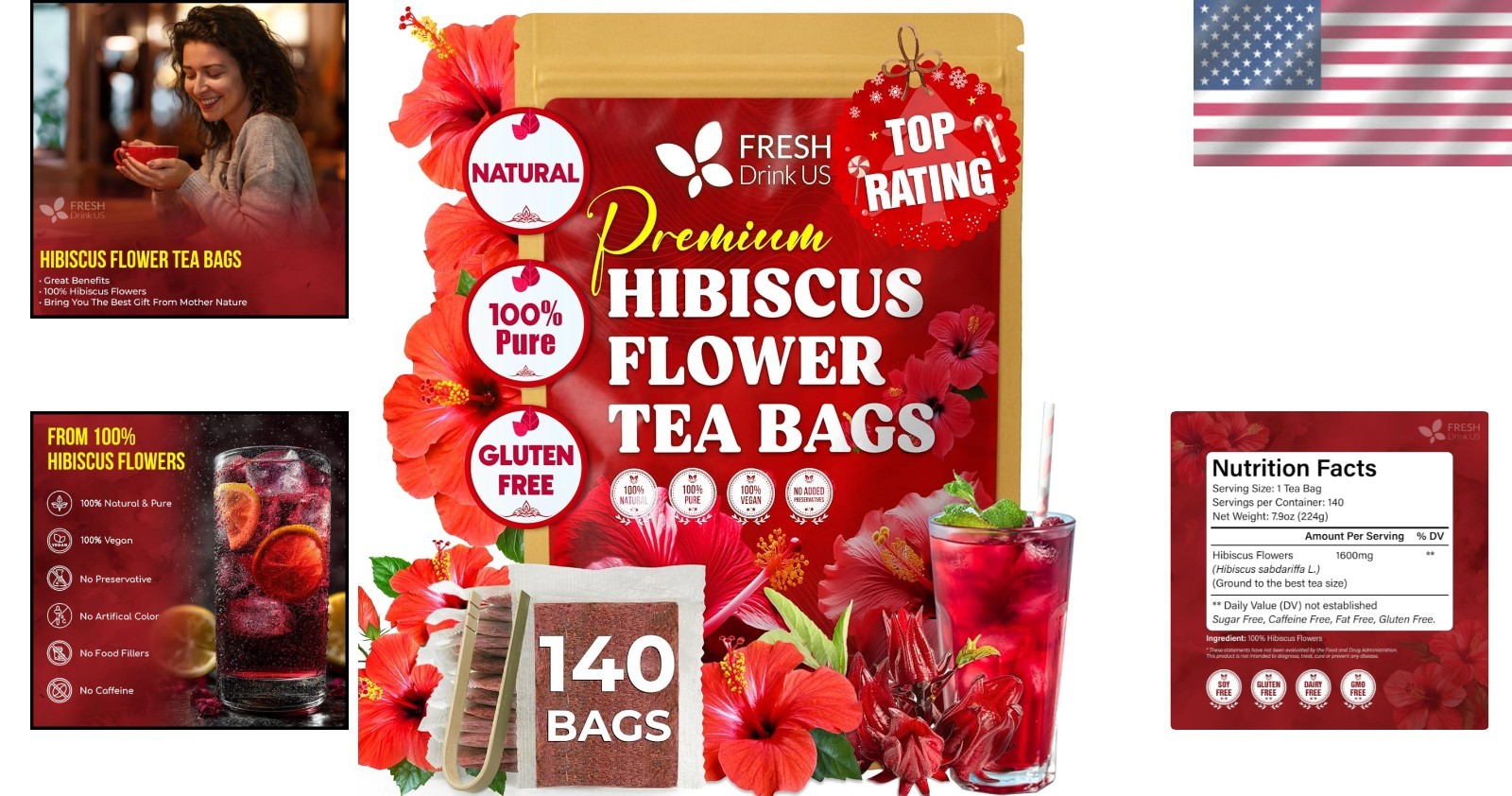 Pure Hibiscus Flower Tea Bags – 140 Count, Sugar-Free & Gluten-Free Herbal Bliss