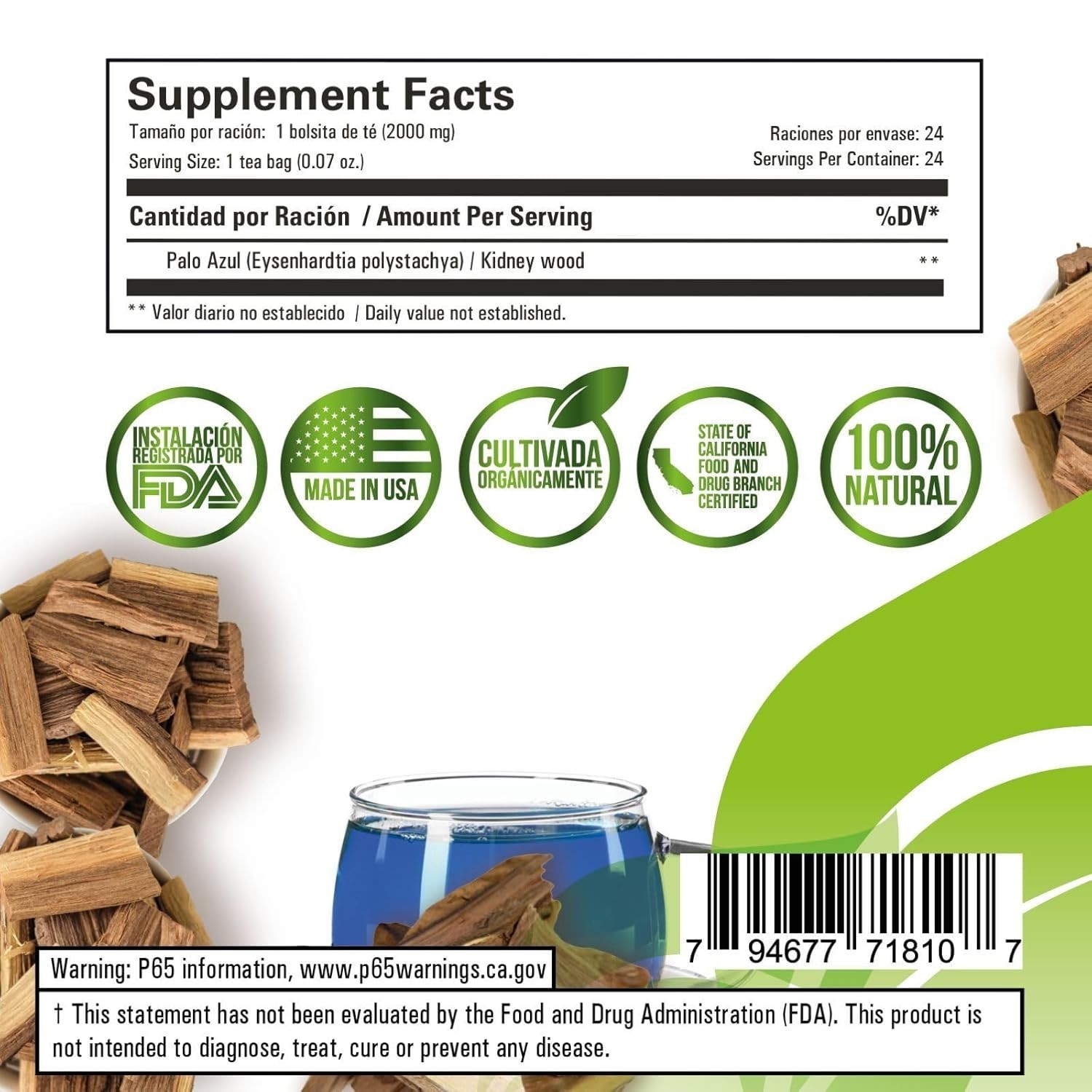 Palo Azul Herbal Tea – 24 Tea Bags–Kidneywood Blue Stick Infusion 100% Natural