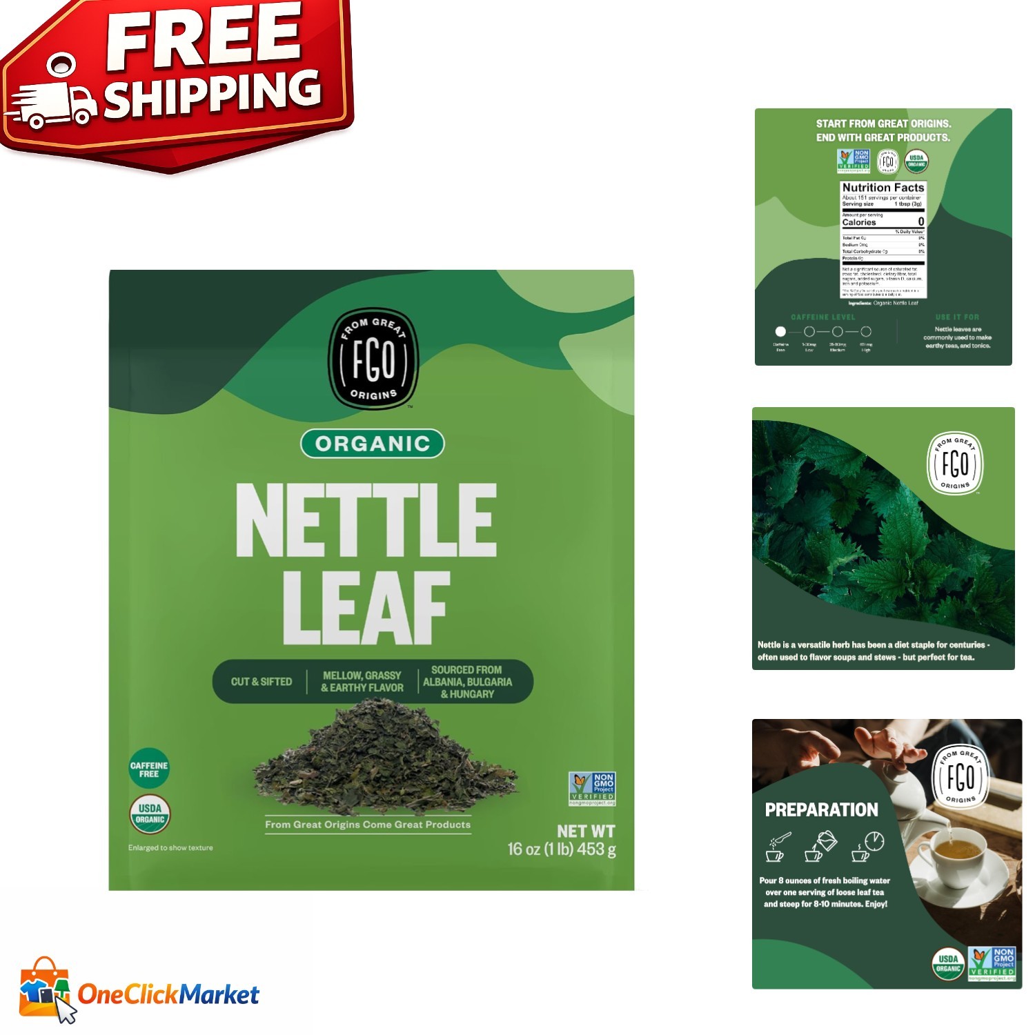 Caffeine Free Organic Nettle Leaf Tea from Bulgaria – 16oz Resealable Bag