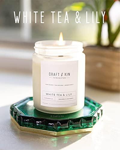 White Tea & Lily Scented Candle, 8oz 45 Hour Burn Craft and Kin Candle, All