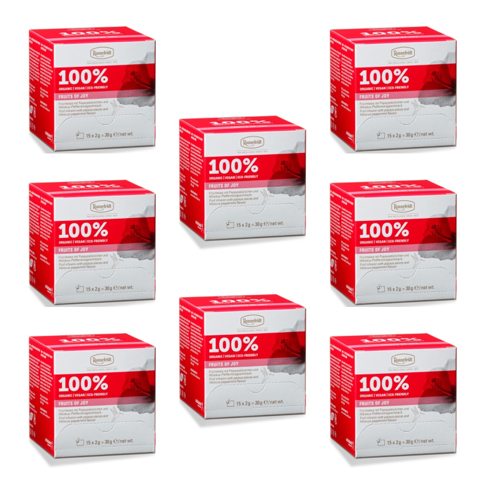 8 packs Ronnefeldt 100% FRUITS OF JOY. 120 organic caffeine free tea bags.