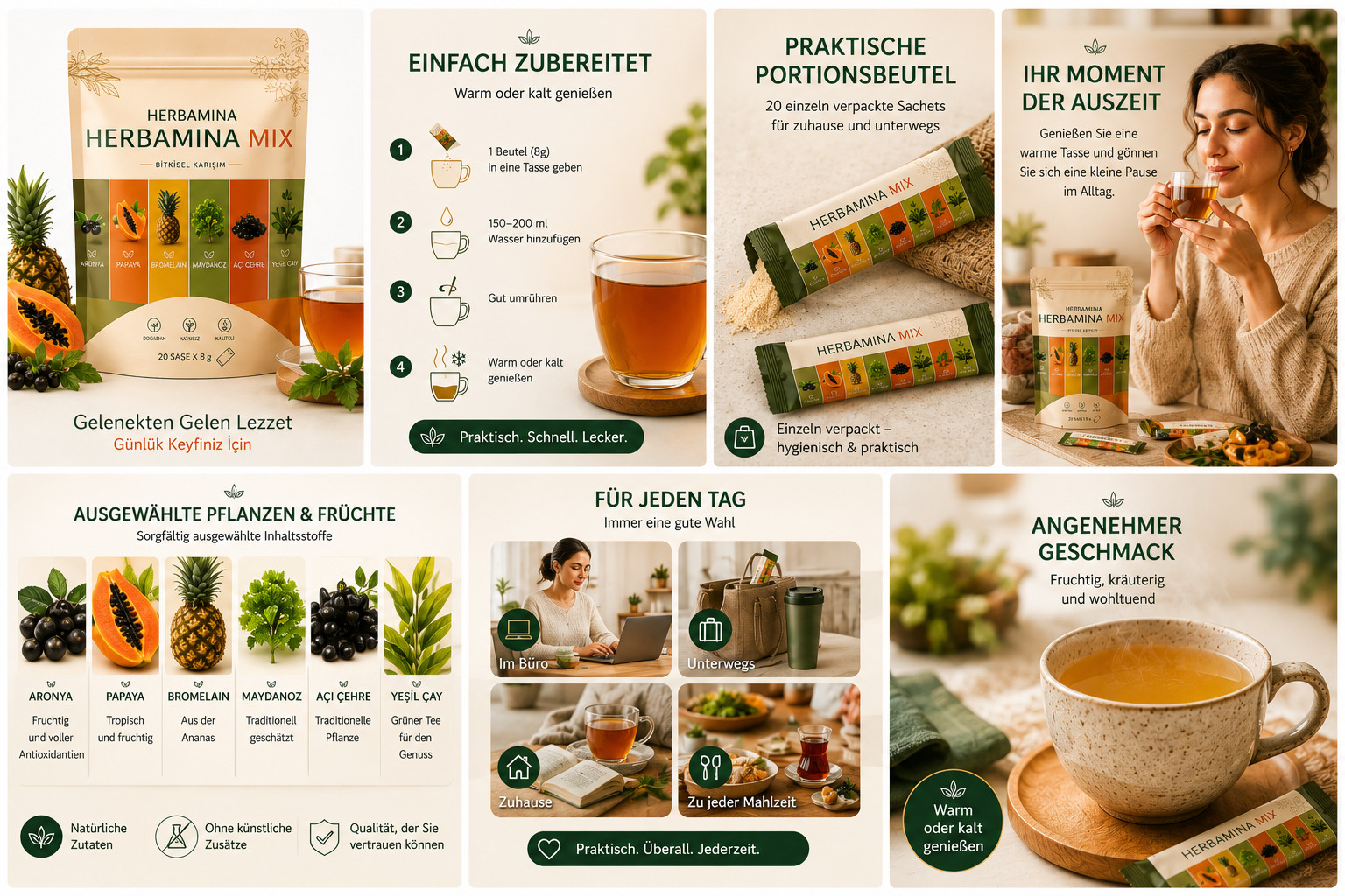 Herbamina Mix Herbal Tea Drink Powder with Papaya, Pineapple & Green Tea – 20pcs