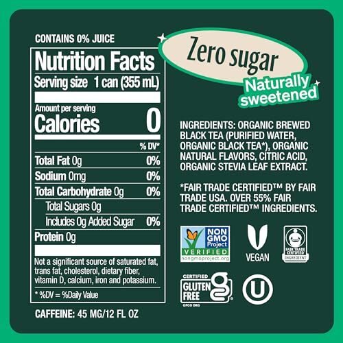 Zevia Organic Sugar Free Iced Tea Black Tea Peach 12 Ounce Cans Pack of 12