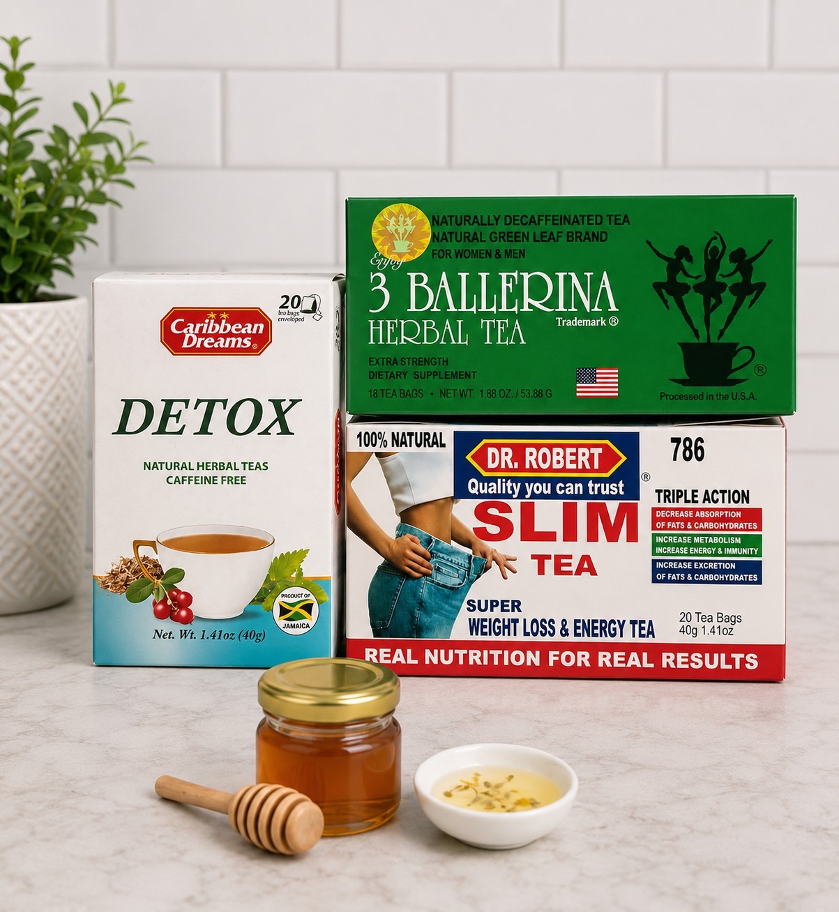 3 Ballerina Tea, Caribbean Detox Tea, Dr. Robert Slim Tea, Honey & Candle