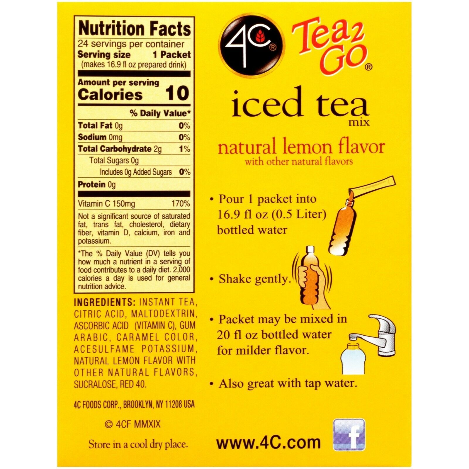 4C Totally Light Tea 2 Go Lemon Ice Tea Mix, Sugar Free, 24 Count Boxes