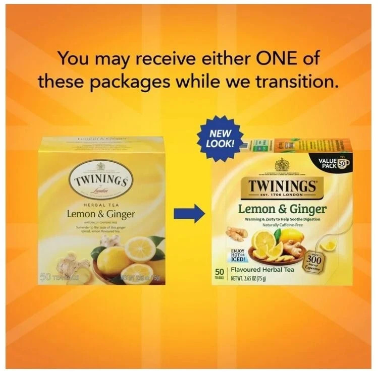 Twinings Lemon & Ginger Herbal Tea Bags, Caffeine Free, 50 Count Box