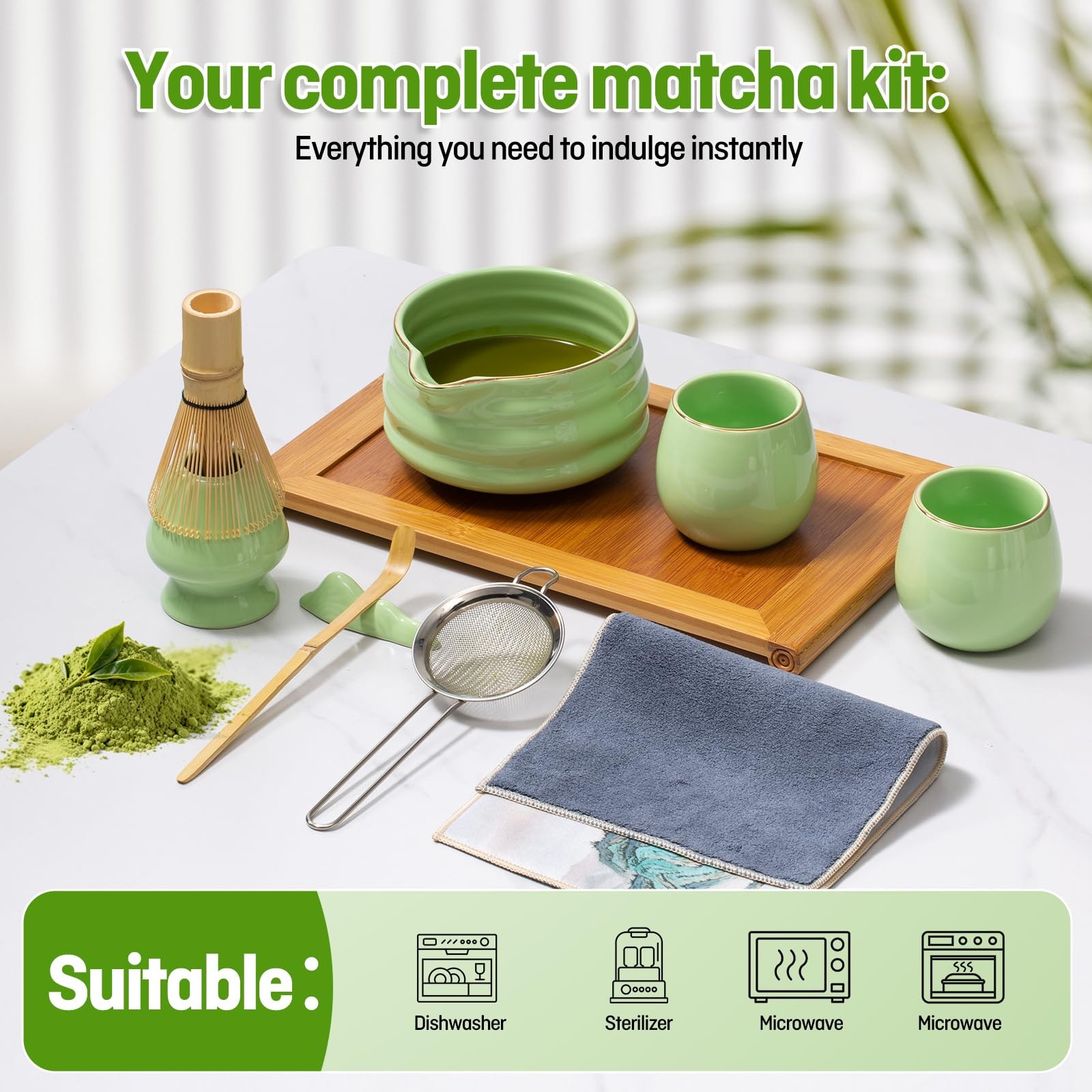Japanese Style Ceramic Matcha Set – 9 Pcs Kit with 530ml Bowl, 2 Gold-Inlaid …