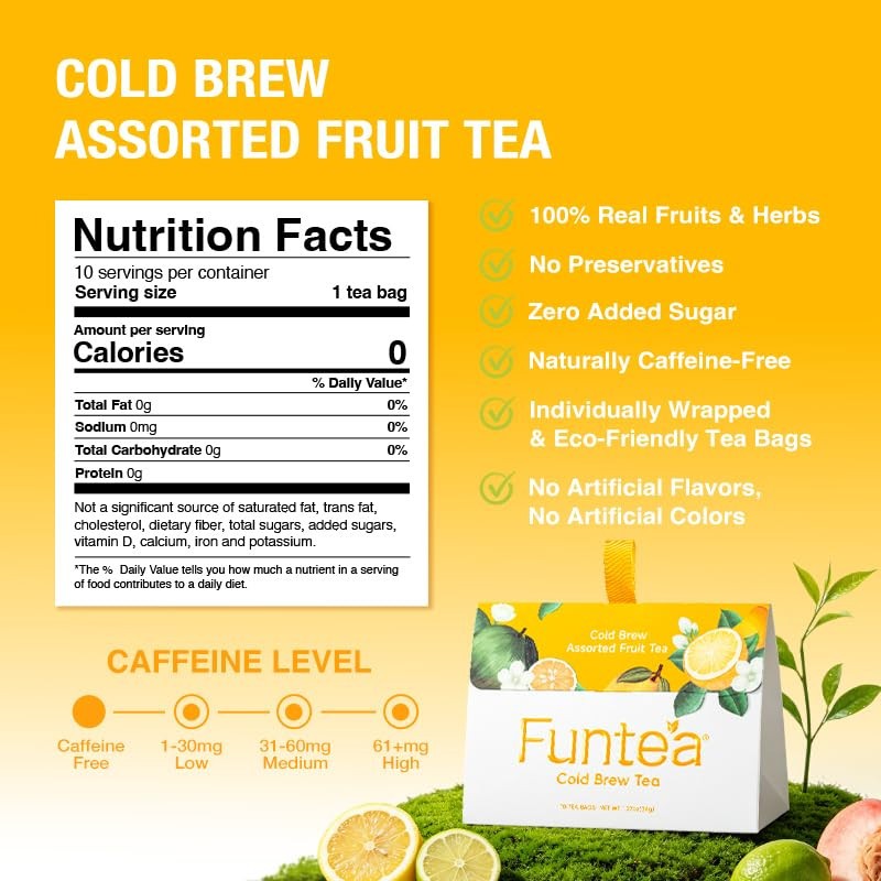 FUNTEA Cold Brew Fruit Tea Bags Caffeine Free Herbal Tea 10 Count