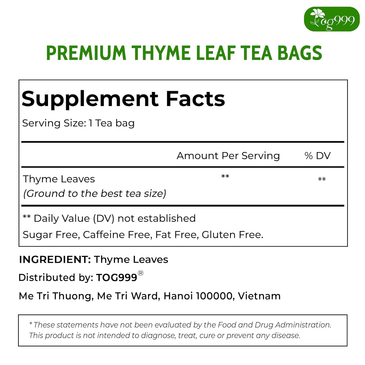 , Premium 40 Thyme Leaf Tea Bags, 100% Natural & Pure Thyme Leaves. Loose Leaf T