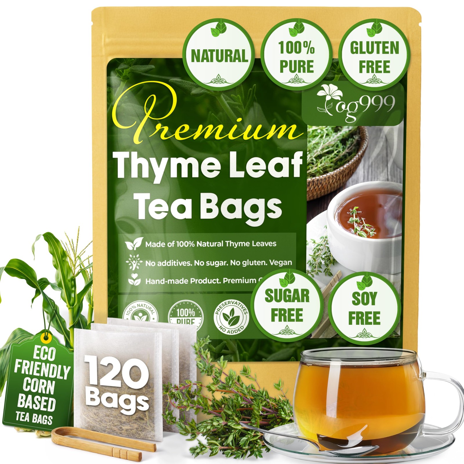 , Premium 120 Thyme Leaf Tea Bags, 100% Natural & Pure. Loose Leaf Thyme Herb…