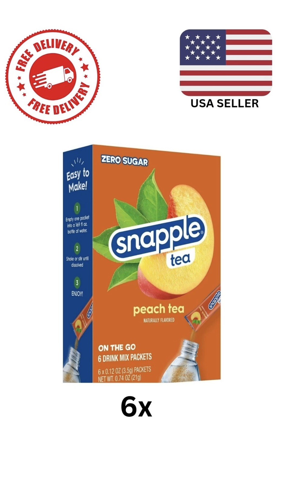 🍑( Lot Of 6) New Snapple Peach Tea Zero Sugar on the go Packets 36 Total🍑