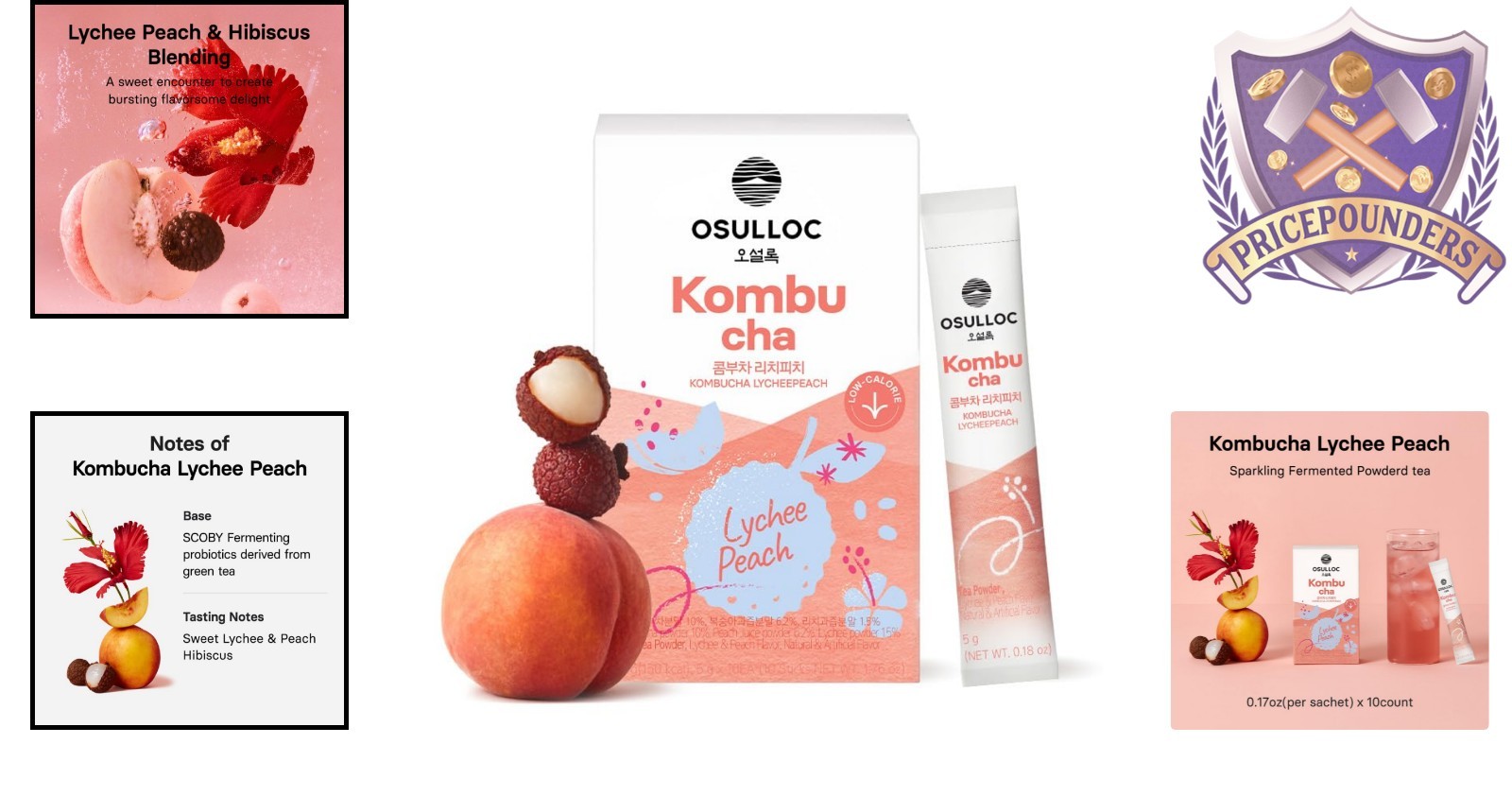 Kombucha Tea Powder Lychee Peach Pack of 10 Sugar-Free Sparkling Beverages