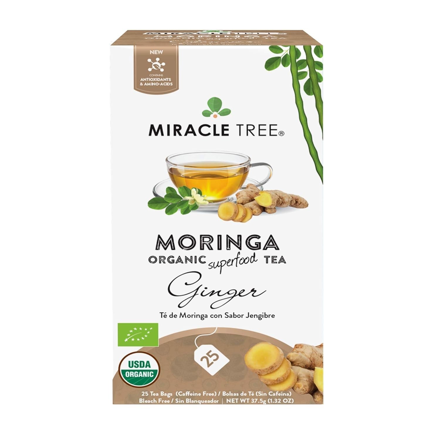 Organic Moringa Tea, 25 Count – Ginger Flavor, Detox & Stress Relief