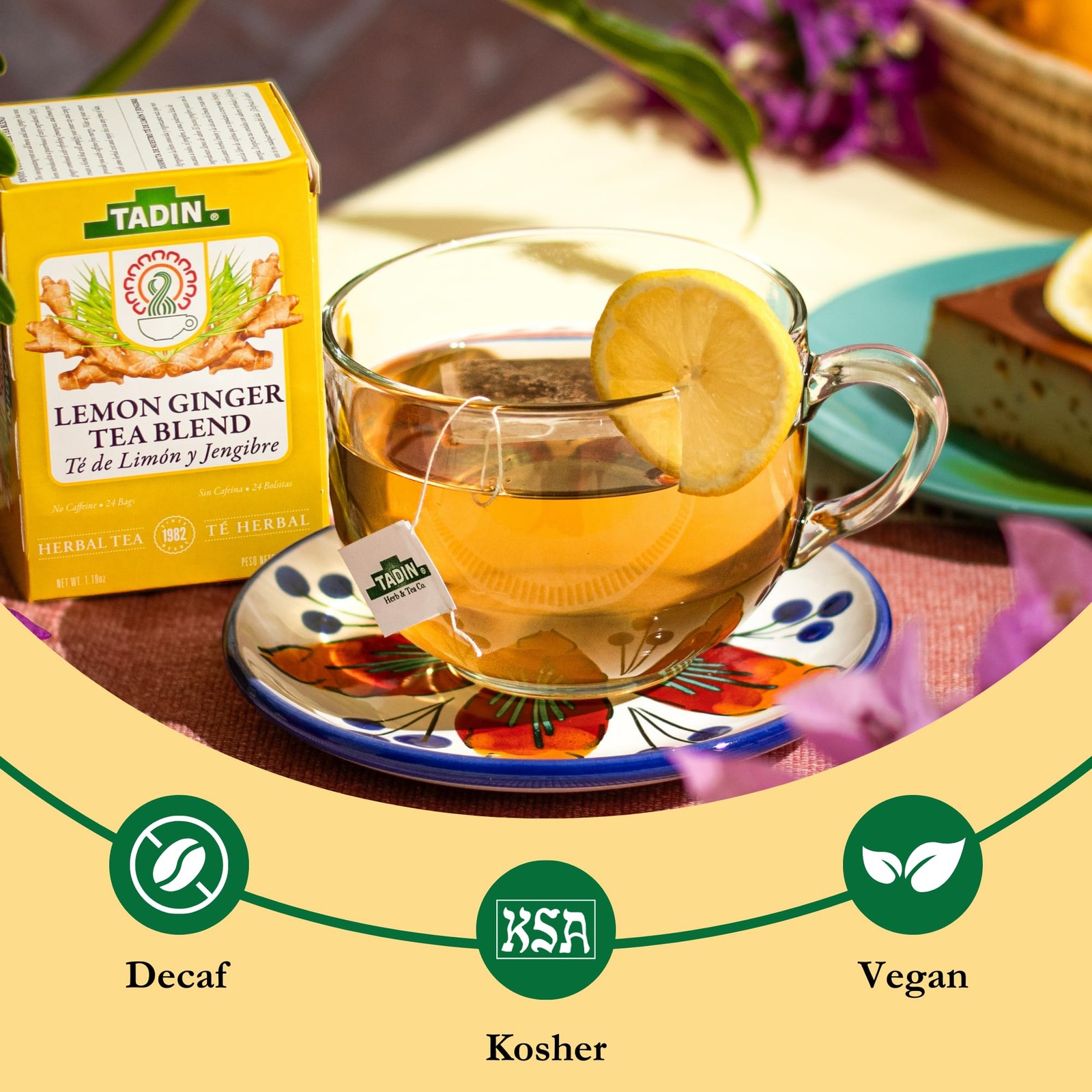 Tadin Lemon Ginger Tea Blend Caffeine Free Herbal Tea 24 Count Decaf Bags