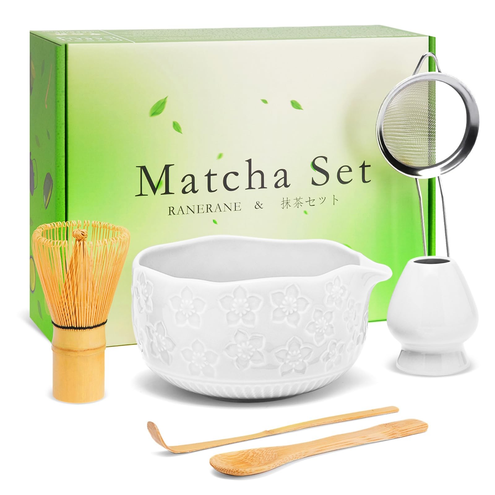 Matcha Whisk Set 6 Pcs Sakura White Ceramic Bowl, Whisk, Sifter, Scoop