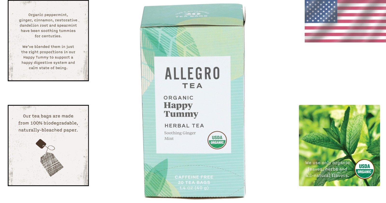 Caffeine-Free Organic Happy Tummy Tea – 20 Count Ginger & Peppermint Bags
