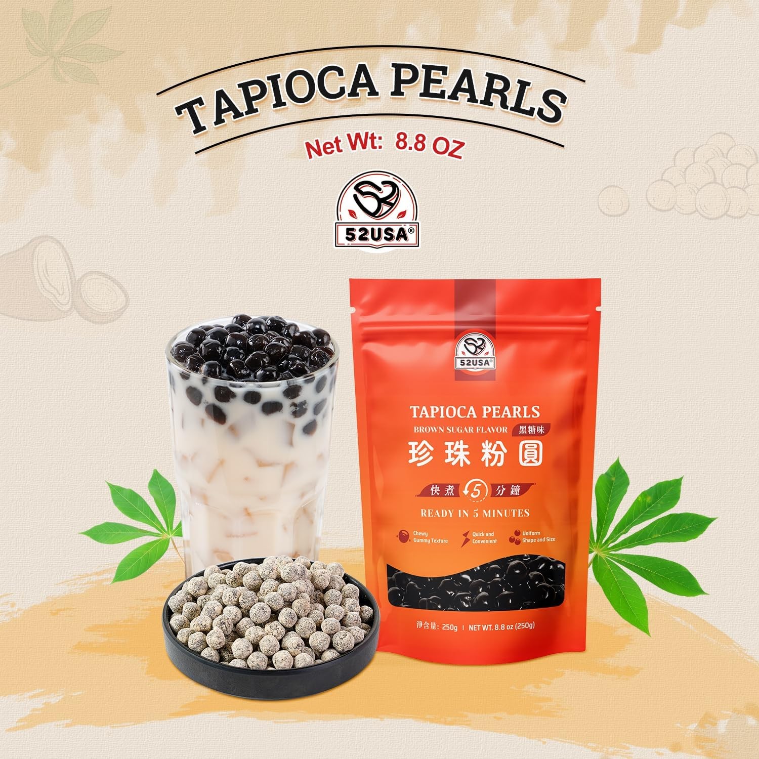 52USA Boba Tapioca Pearl, Black Sugar Flavor, Fresh Bubble Tea Pearl, 8.8 Oz …