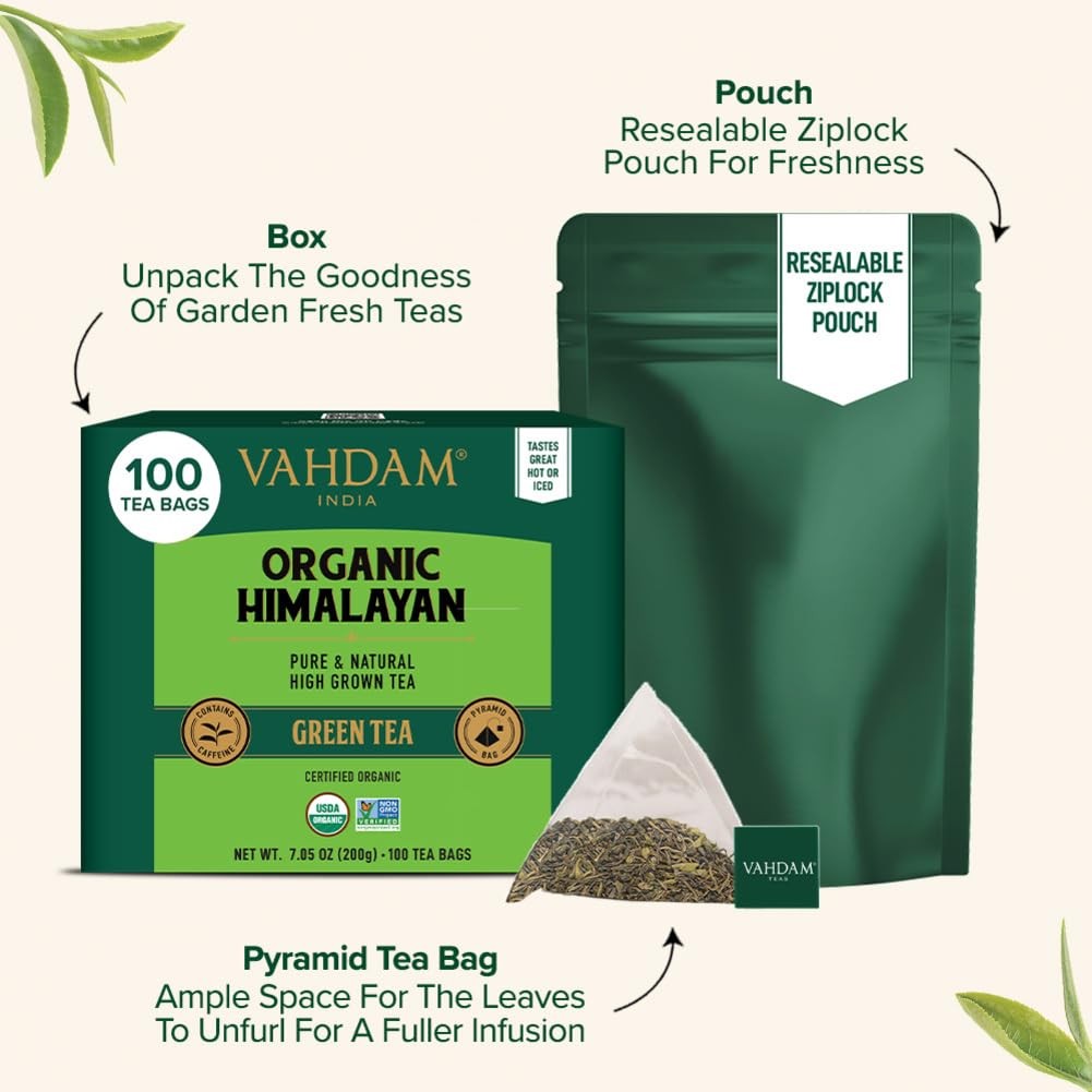 VAHDAM, Organic Himalayan Green Tea (100 Count) 100 Count (Pack of 1),
