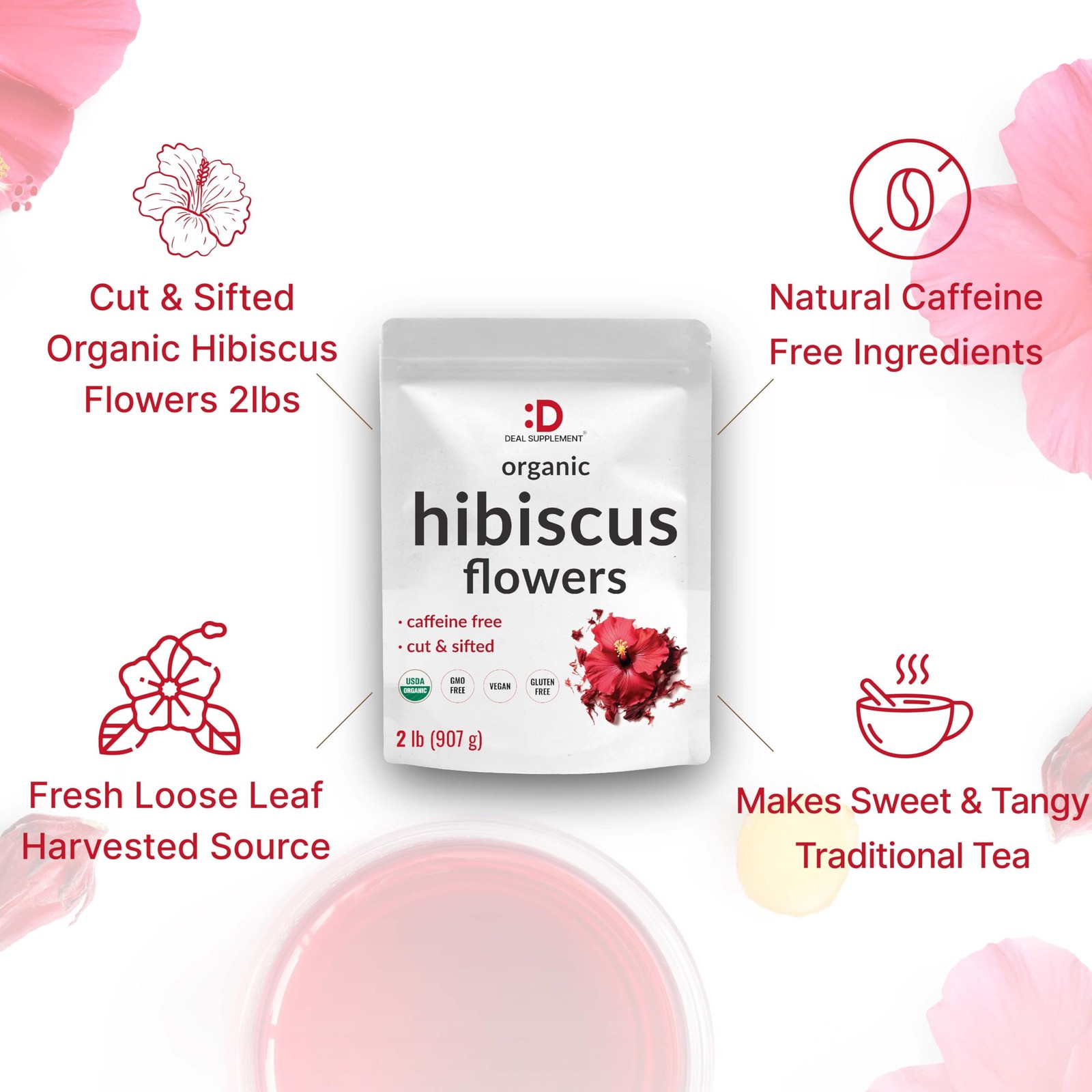 Dried Organic Hibiscus Flowers, 2 Pounds – Cut & Sifted 2 (Pack of 1)