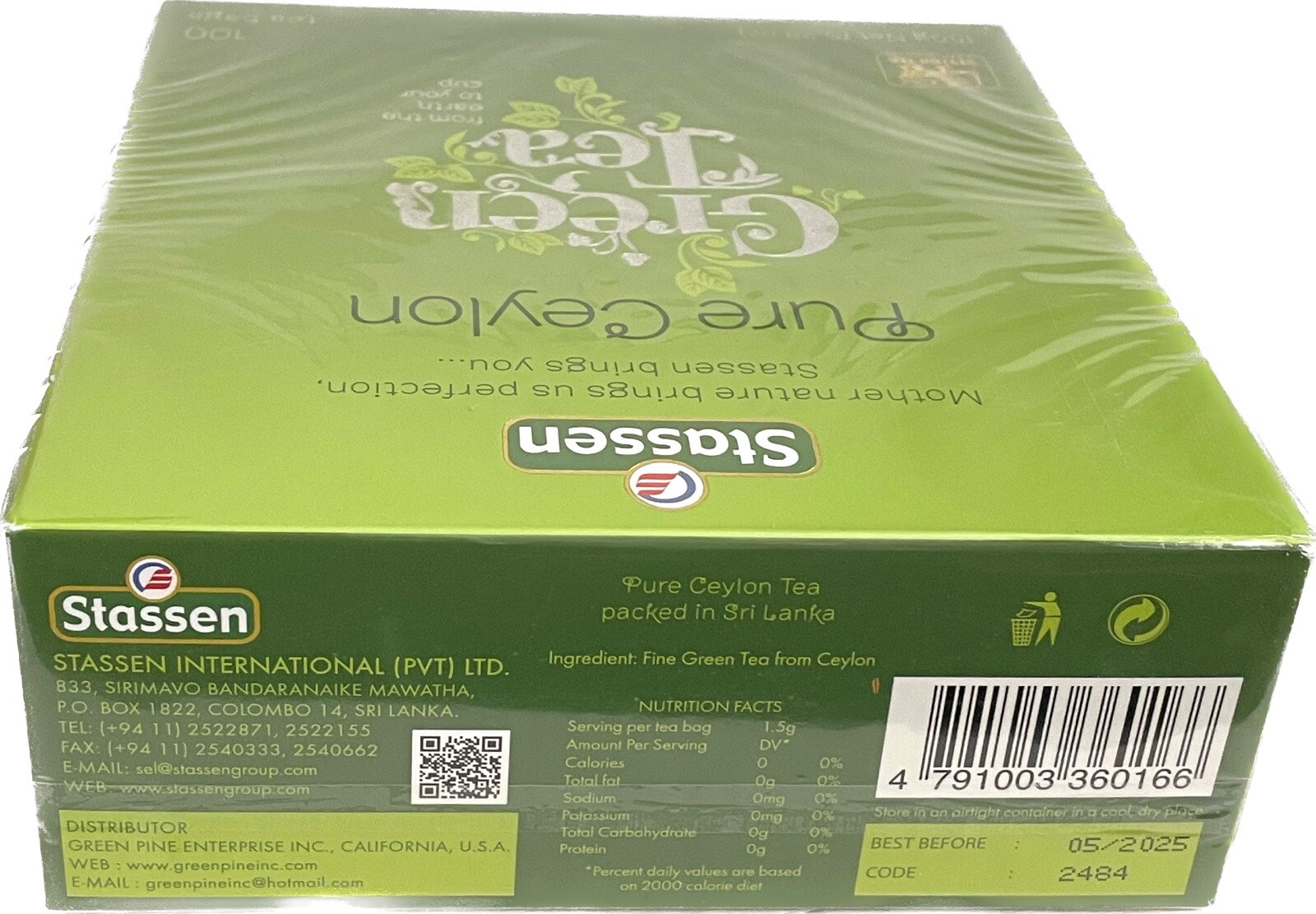 5.28oz Stassen Pure Ceylon Green Tea, 100 Teabags