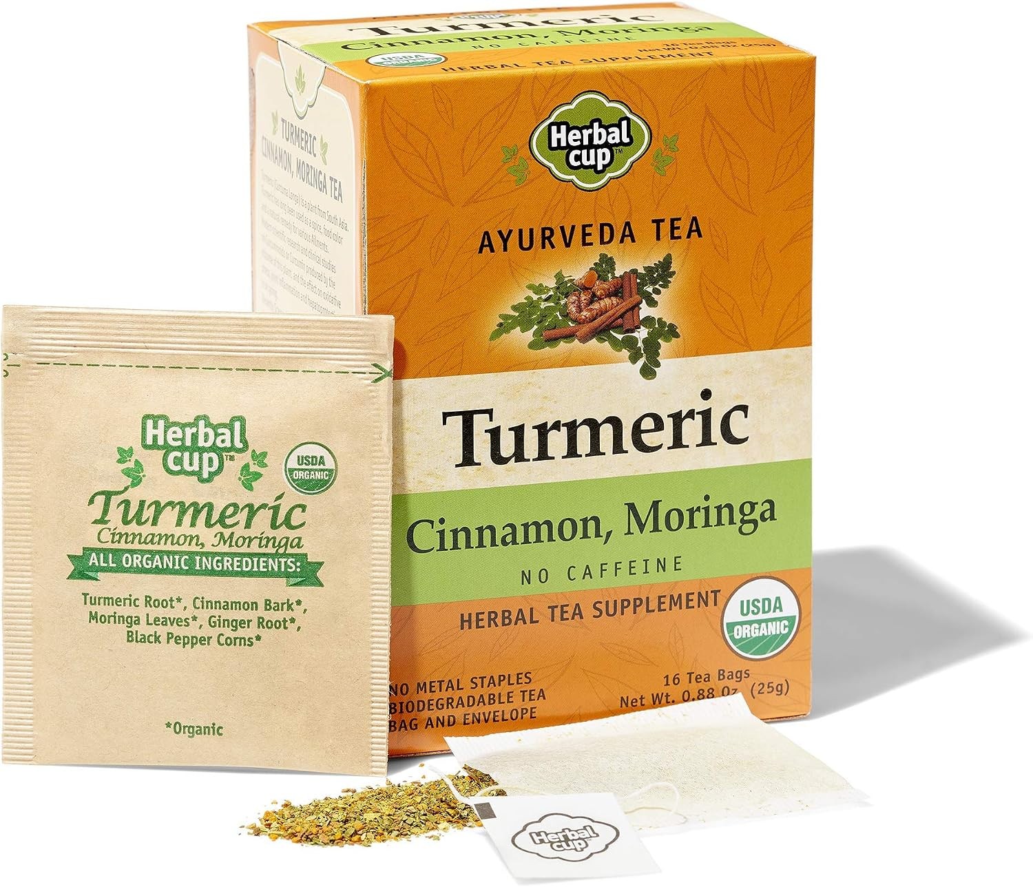 Ayurveda Turmeric Tea, Organic Cinnamon Moringa, No Caffeine Herbal Supplement