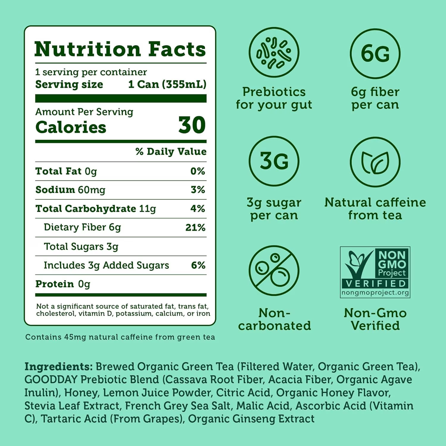 Halfday Prebiotic Green Tea, Honey Ginseng, 6G Fiber, 3G Sugar, 30 Cal, 12 Oz, 4