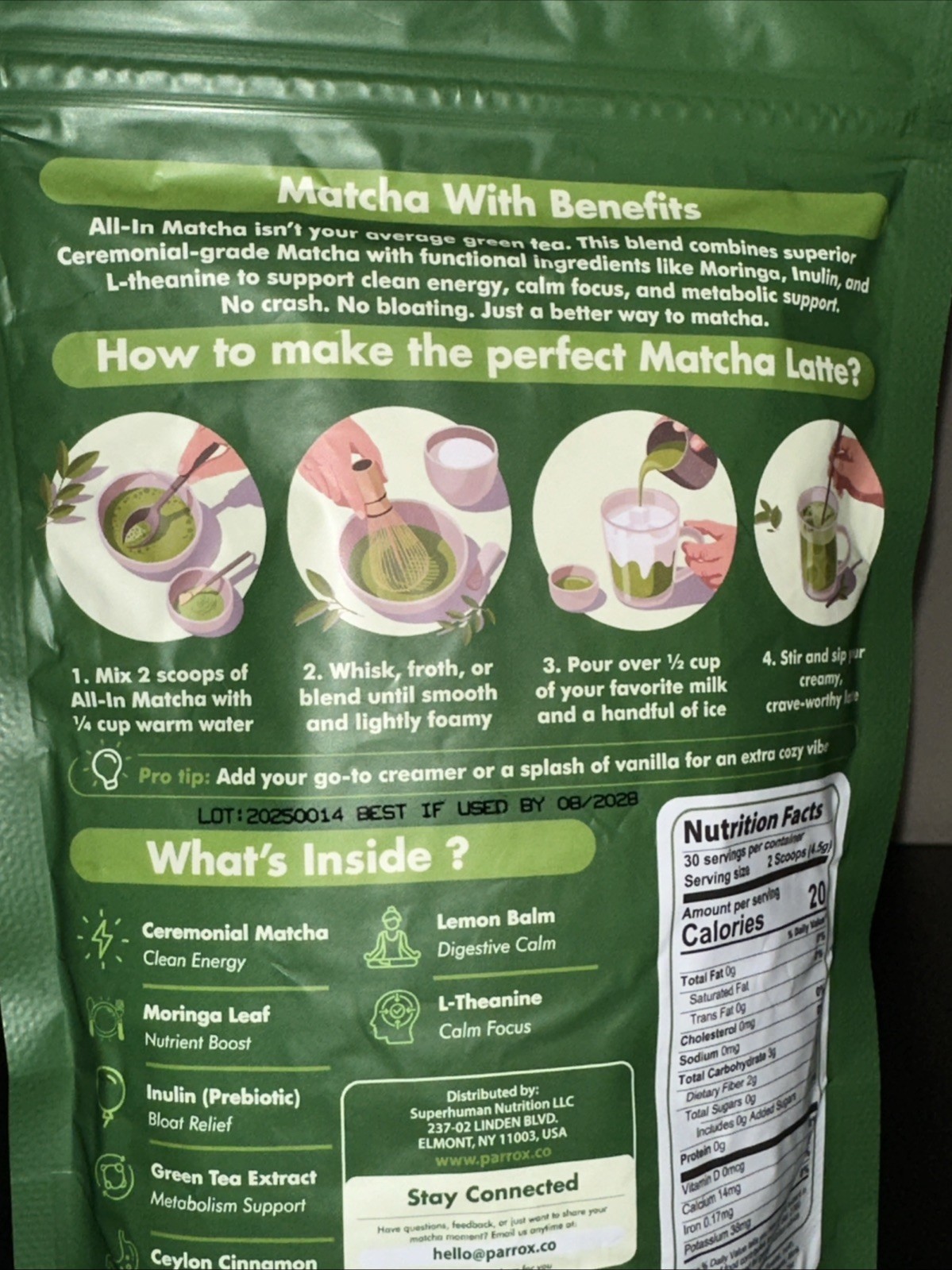 Parrox All-In Matcha Tea Powder, Vegan Non-GMO Prebiotics – Brand New