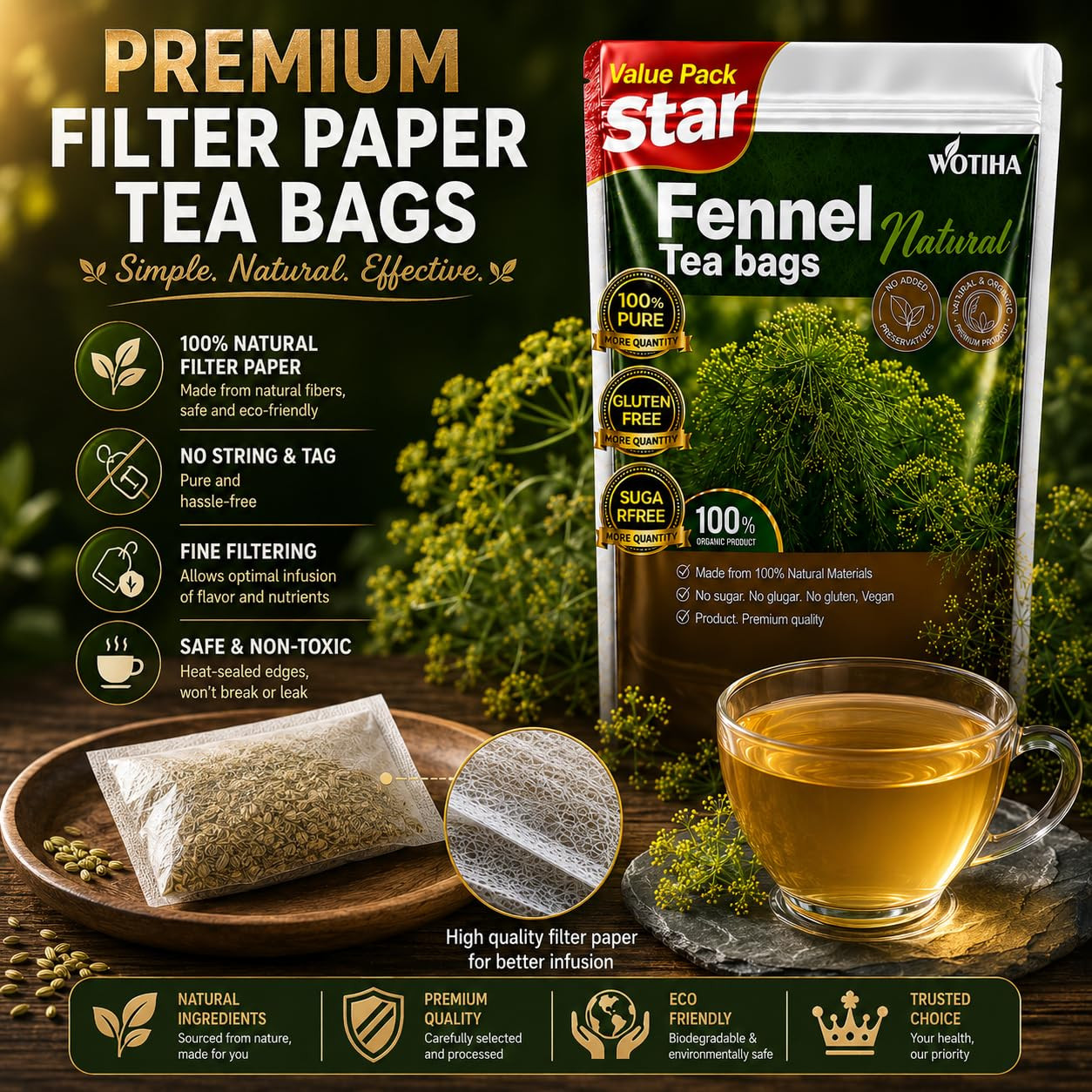 90 Count Organic Premium Fennel Tea Bags – 100% Natural & Pure Herbal Tea, Suppo