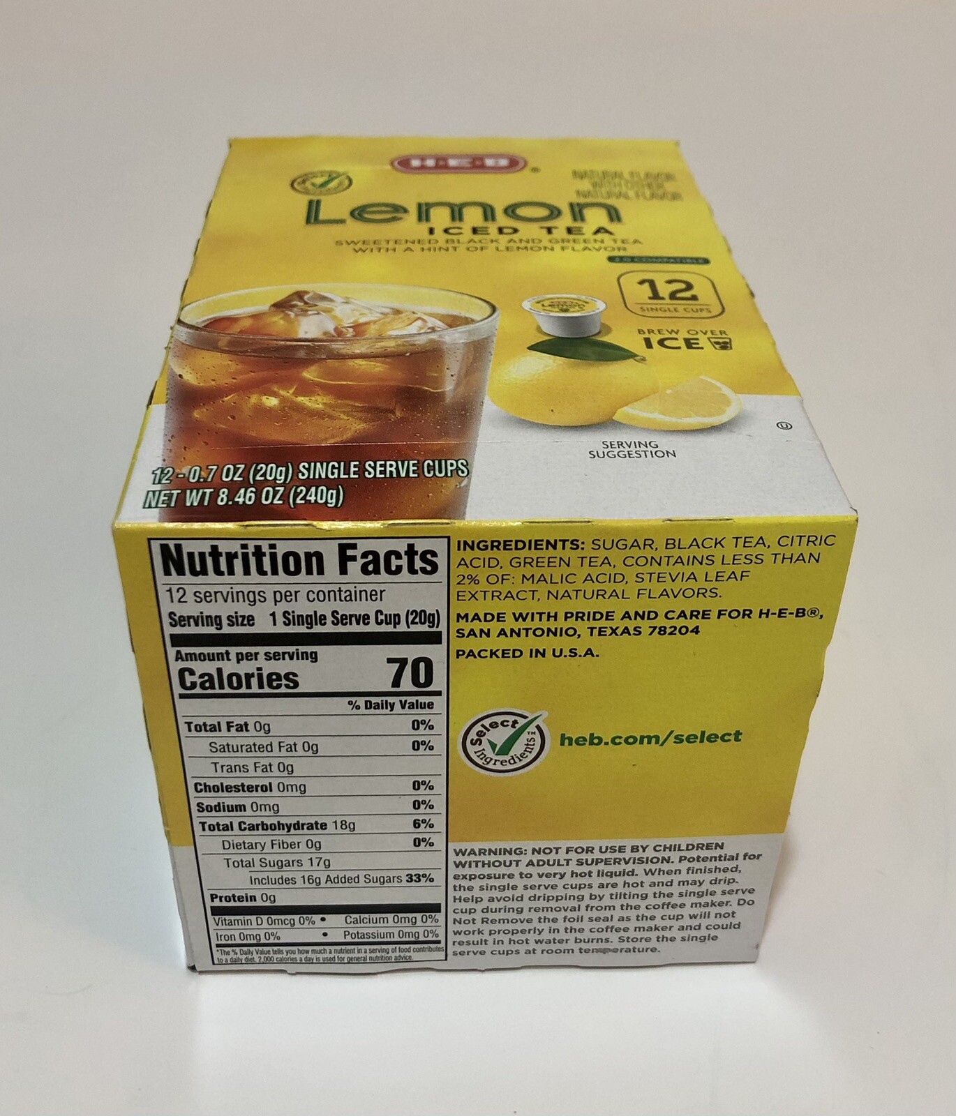 (1) Box HEB K-Cup Pods Lemon Iced Tea 12 Cups Per Box Keurig 2.0 H-E-B Texas