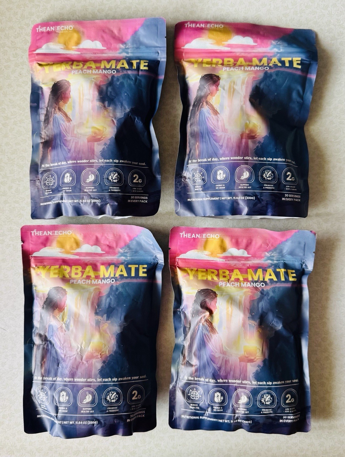 4x THEAN ECHO Yerba Magic Peach Mango 11.64oz 30 Serv Instant Tea, BB: 05/2027