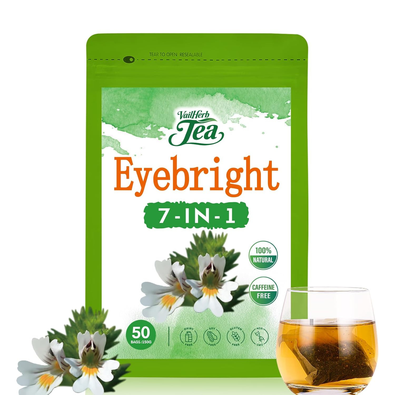 Vailherbtea Eye Health Eyebright Herb Tea Bags – 50 Count, Handcraft Herbal Tea