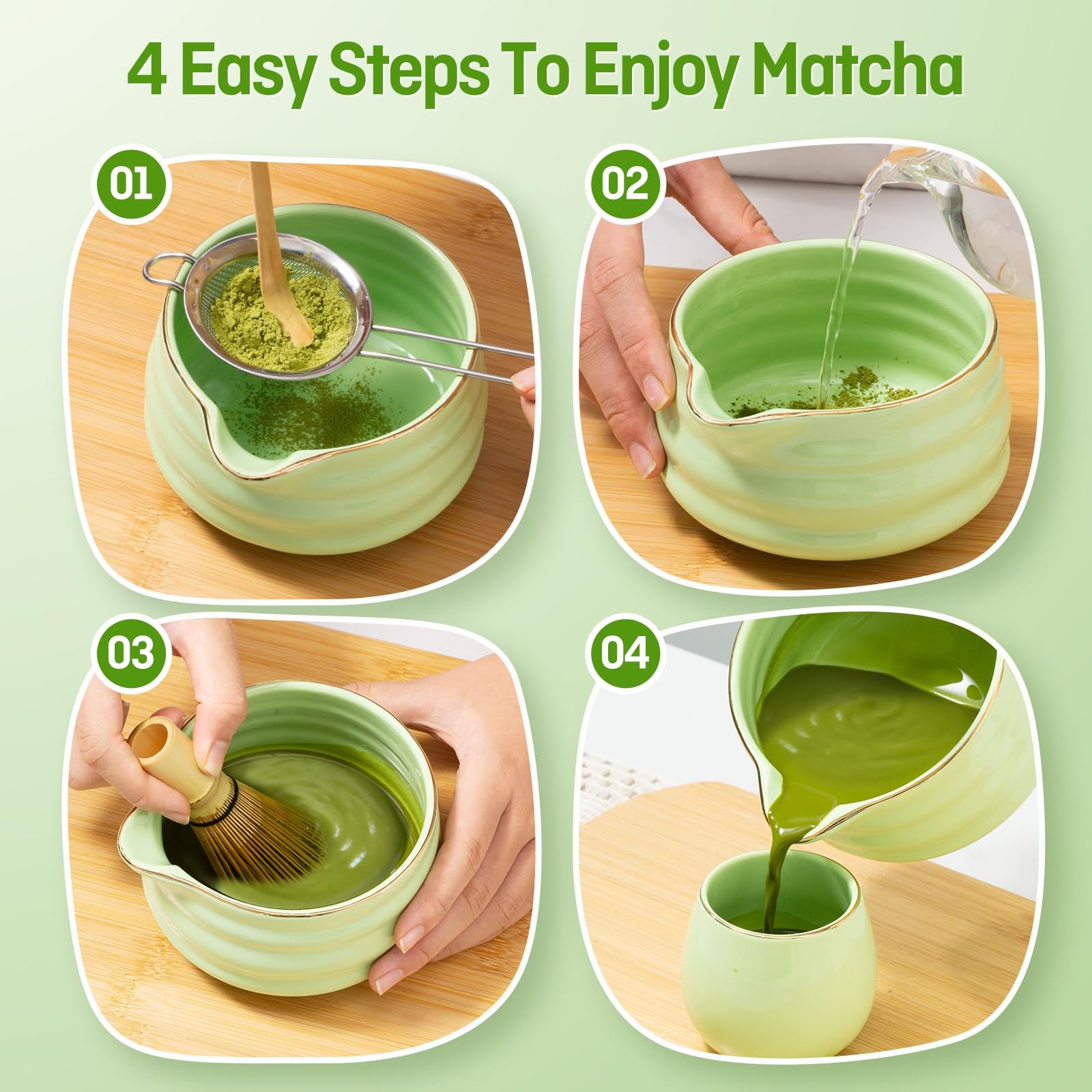 Japanese Style Ceramic Matcha Set – 9 Pcs Kit with 530ml Bowl, 2 Gold-Inlaid …
