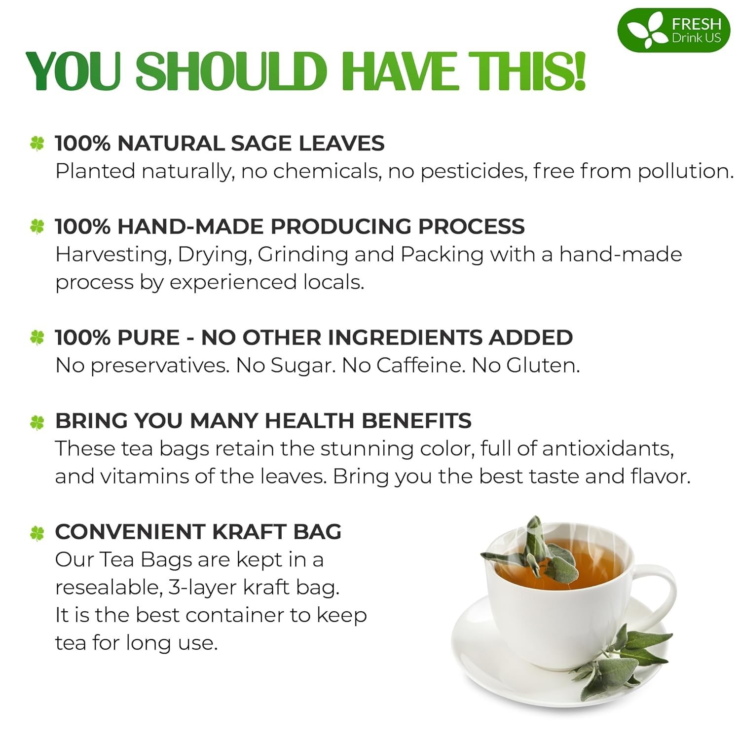 , Premium 75 Sage Leaf Tea Bags, 100% Natural & Pure from Sage Leaves. Loose Lea