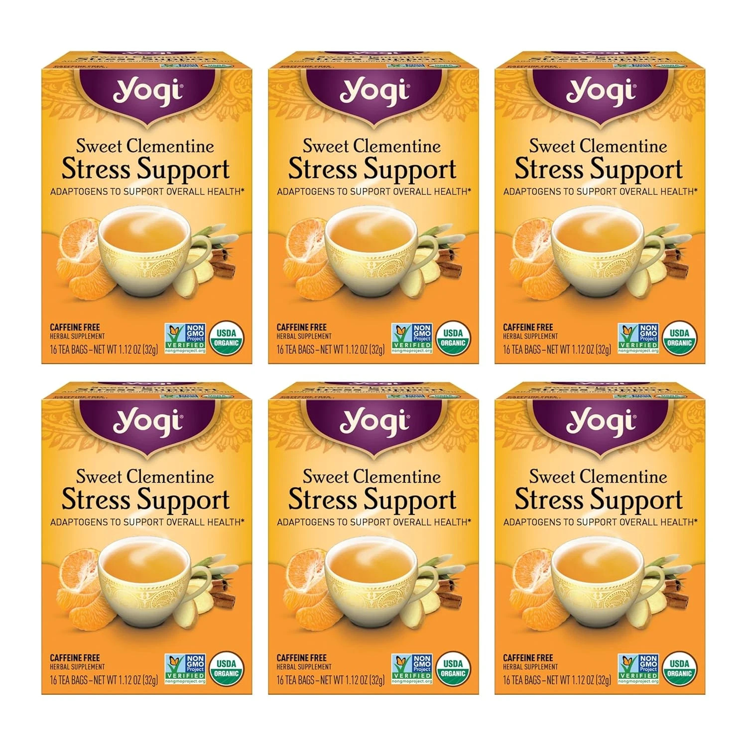 Yogi Tea Sweet Clementine Stress Support Tea – 16 Tea Bags per Pack (6 Packs)