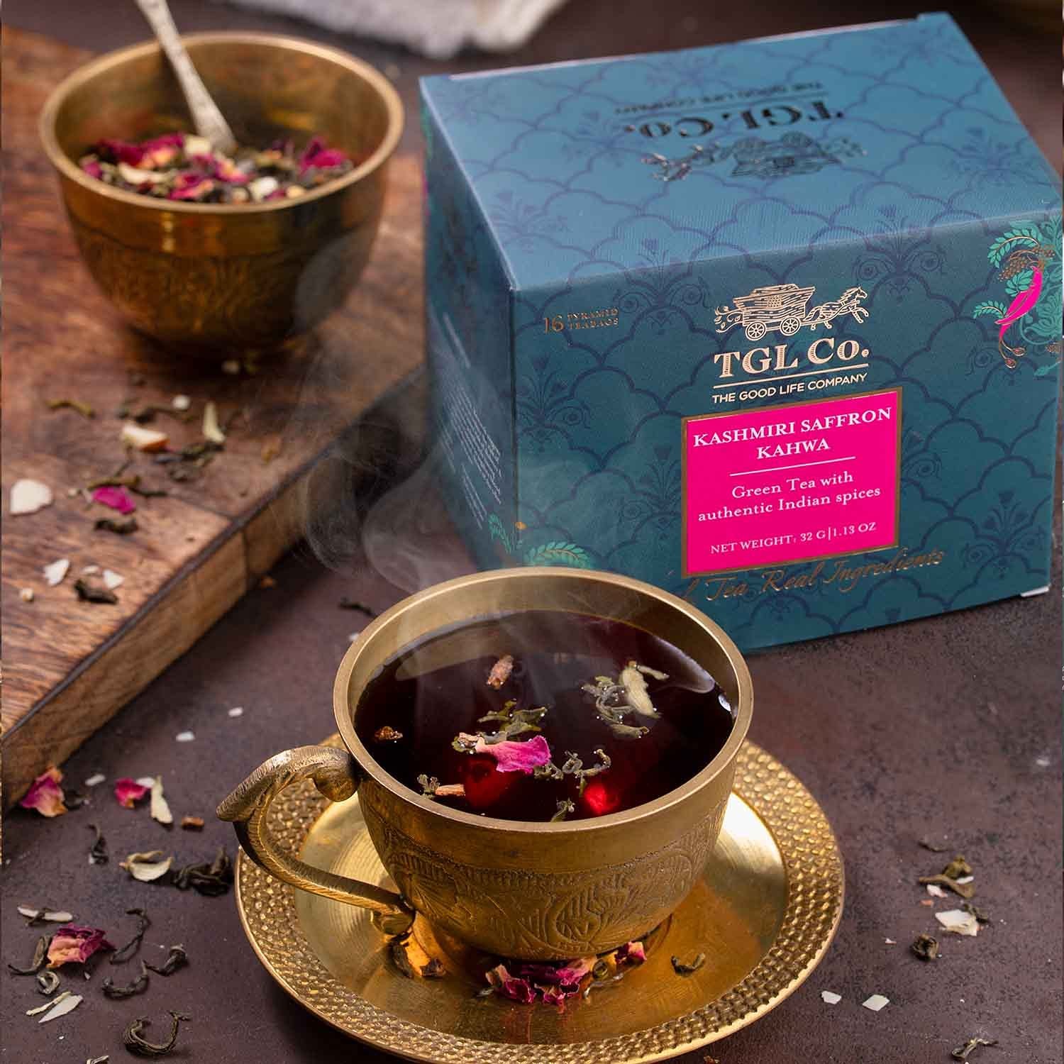 TGL Co.Kashmiri Saffron Kahwa Green Tea 16 Bags|Exotic Herbal Saffron Chai Blend