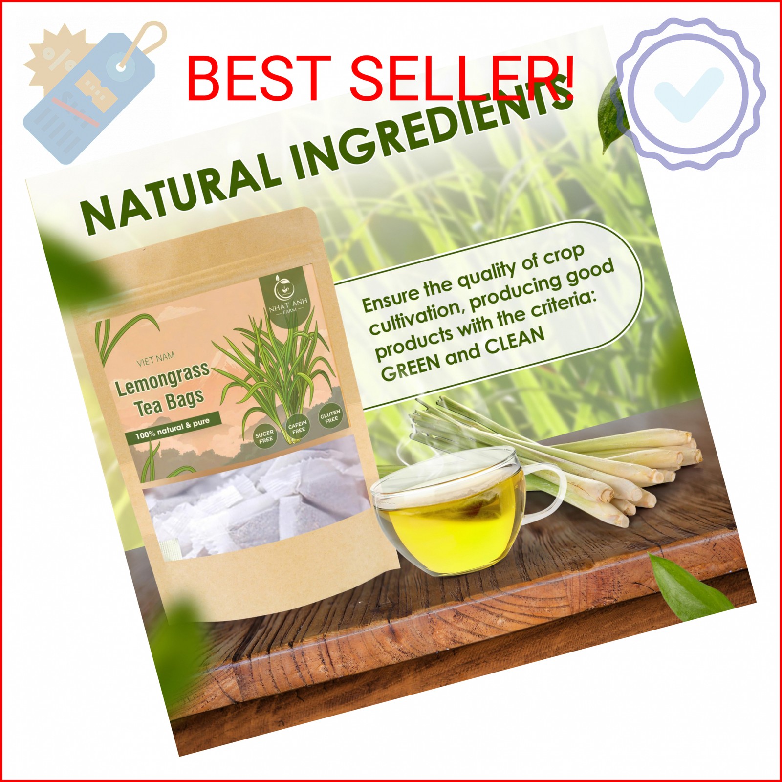 NHAT ANH FARM – Premium Lemongrass Tea Bags, 40 Lemongrass Tea Bags, 100% Natura