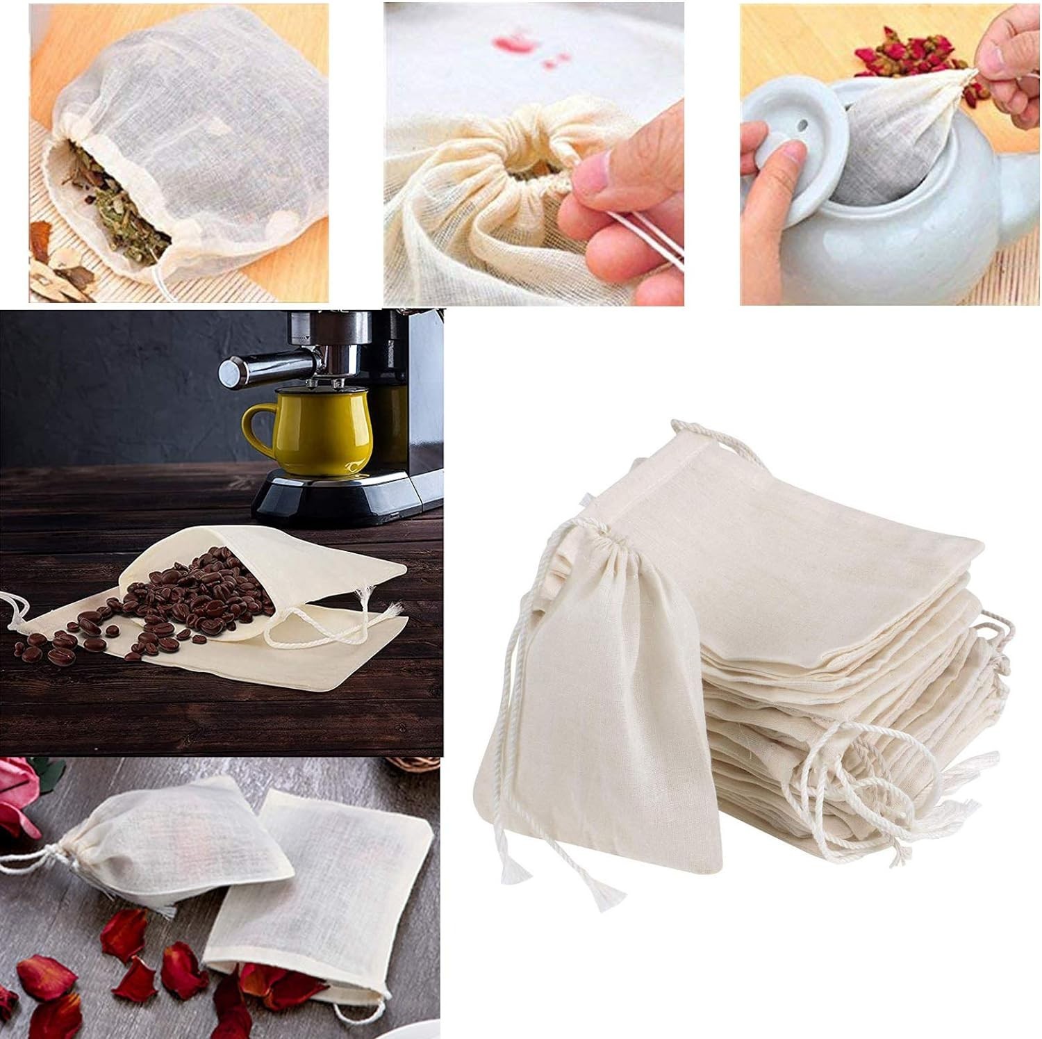 30 Pcs 4 x 3 Inches Natural Unbleached Cotton Drawstring Bags Spice/Herbs/Tea…