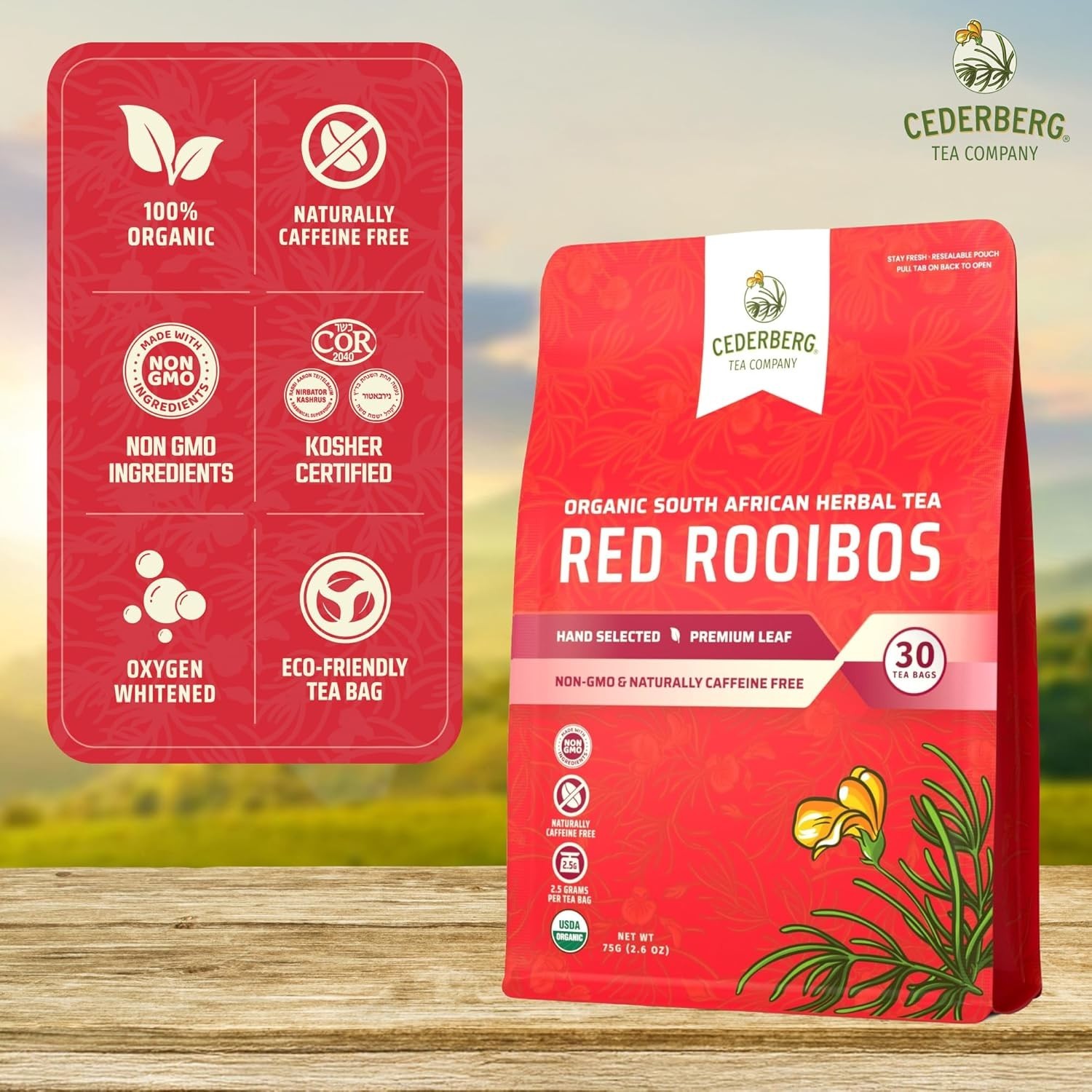 Red Rooibos Tea Bags USDA Certified South African Organic Herbal Tea, Naturally