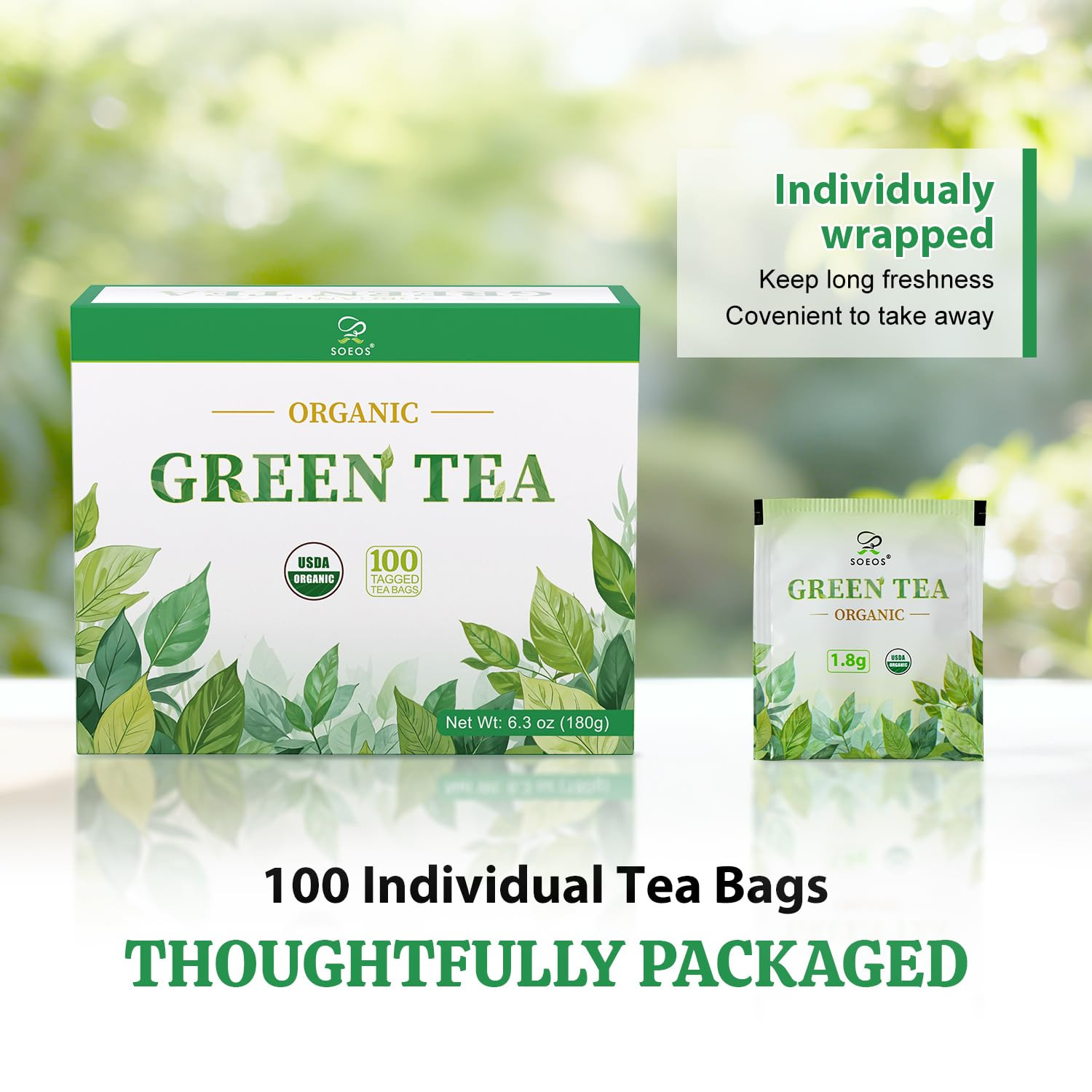Organic Green Tea, 6.3 Oz (180G), 100 Tea Bags, Refreshing and Fragrant, Sustain