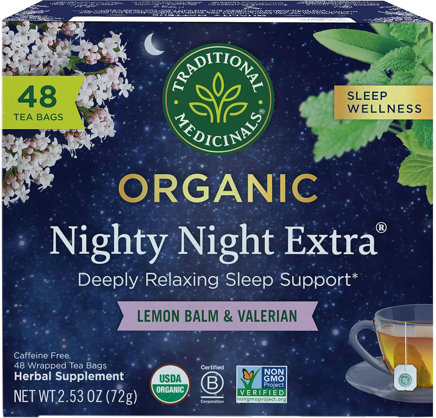 Organic Nighty Night Extra Tea with Valerian Root for Relaxation, 48 Tea Bags